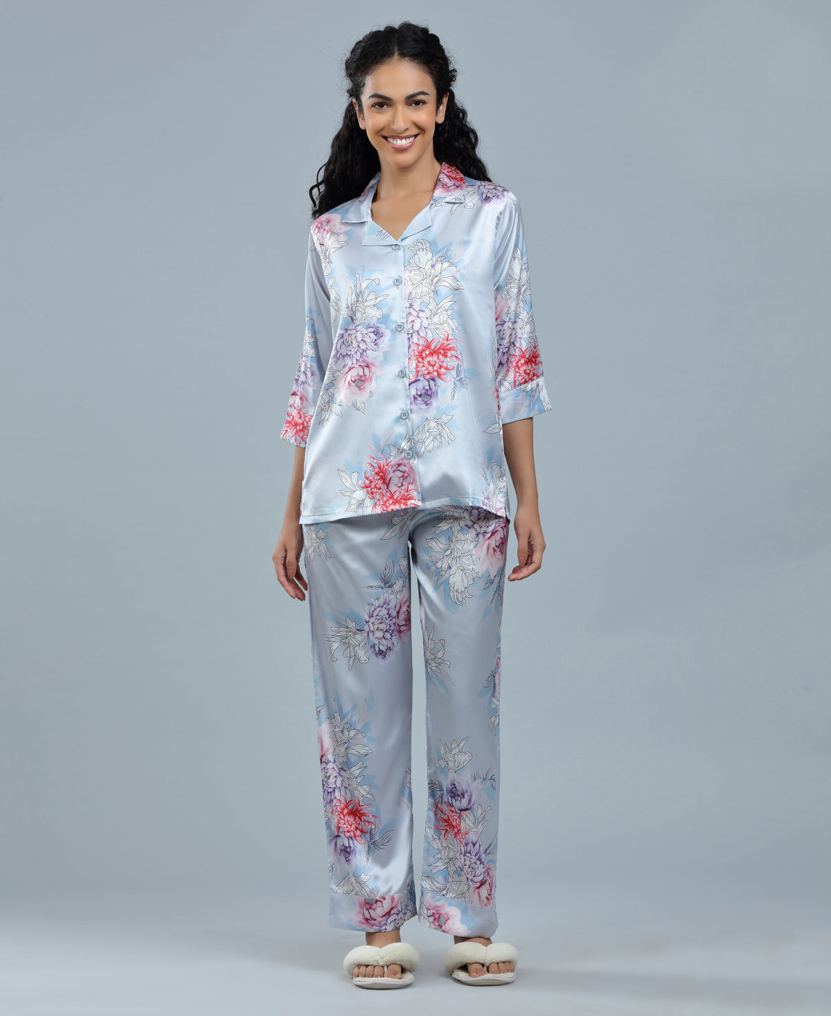 Lilac Floral Print Satin Night Suit