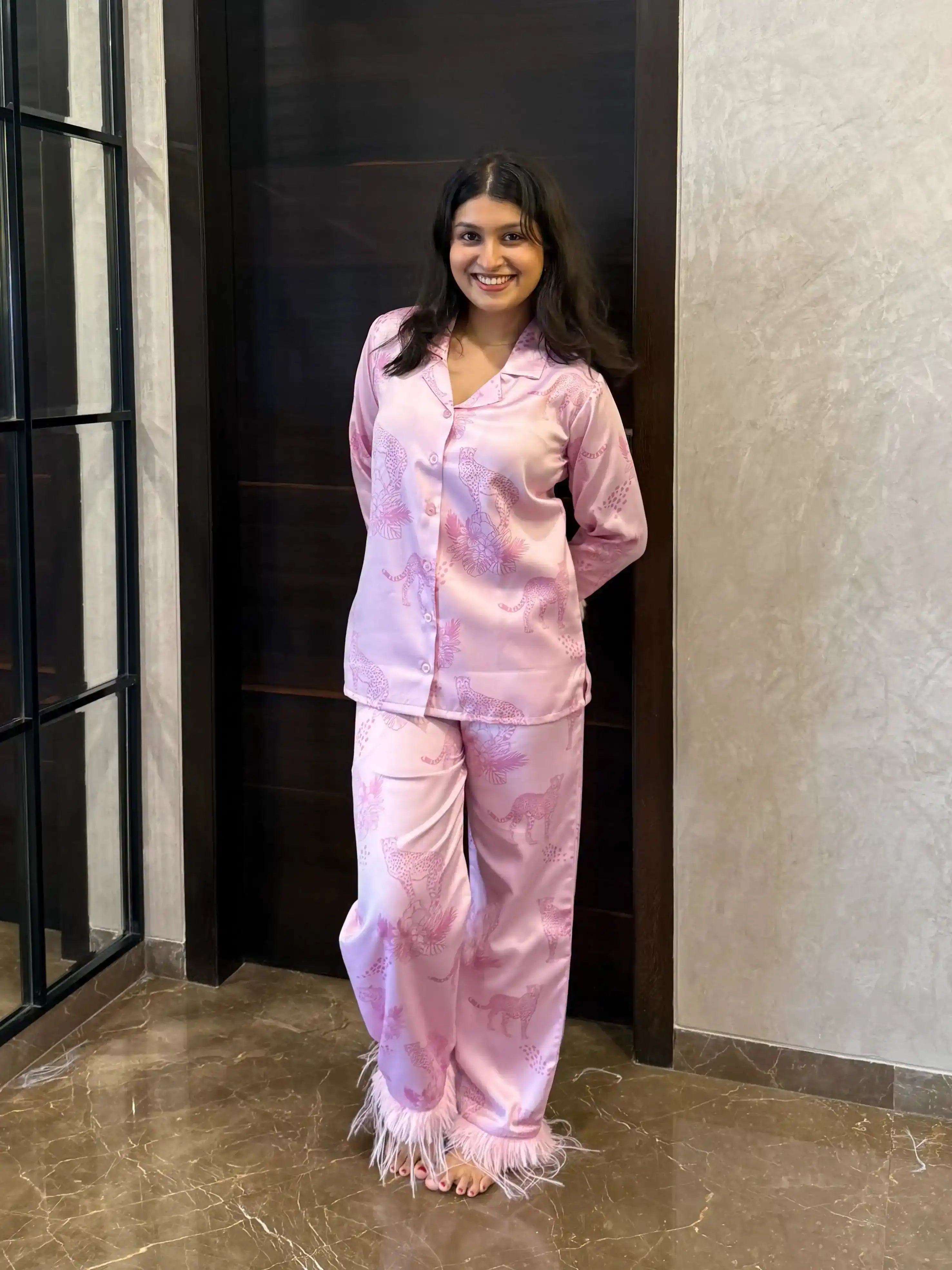 Velure Trendy Cheetah Print Satin Sleepwear Set