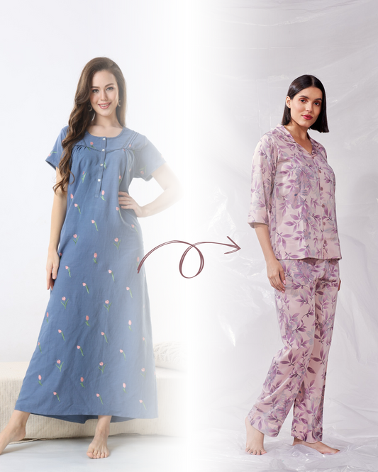 Transition showing the evolution of women wearing nighties to night suits.