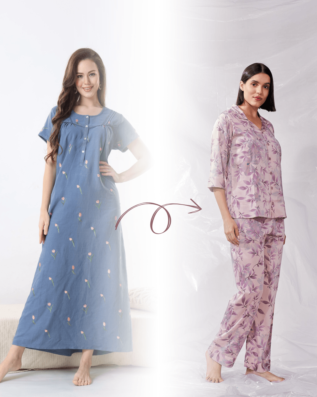 Women modeling floral sleepwear: blue nightgown and pink leaf-print pajama set in bright studio