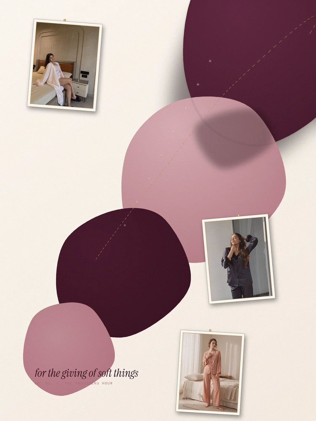 Velure nightwear gift guide cover art with three pinned pajama photos on an abstract wine and rose drapery background, captioned "for the giving of soft things."