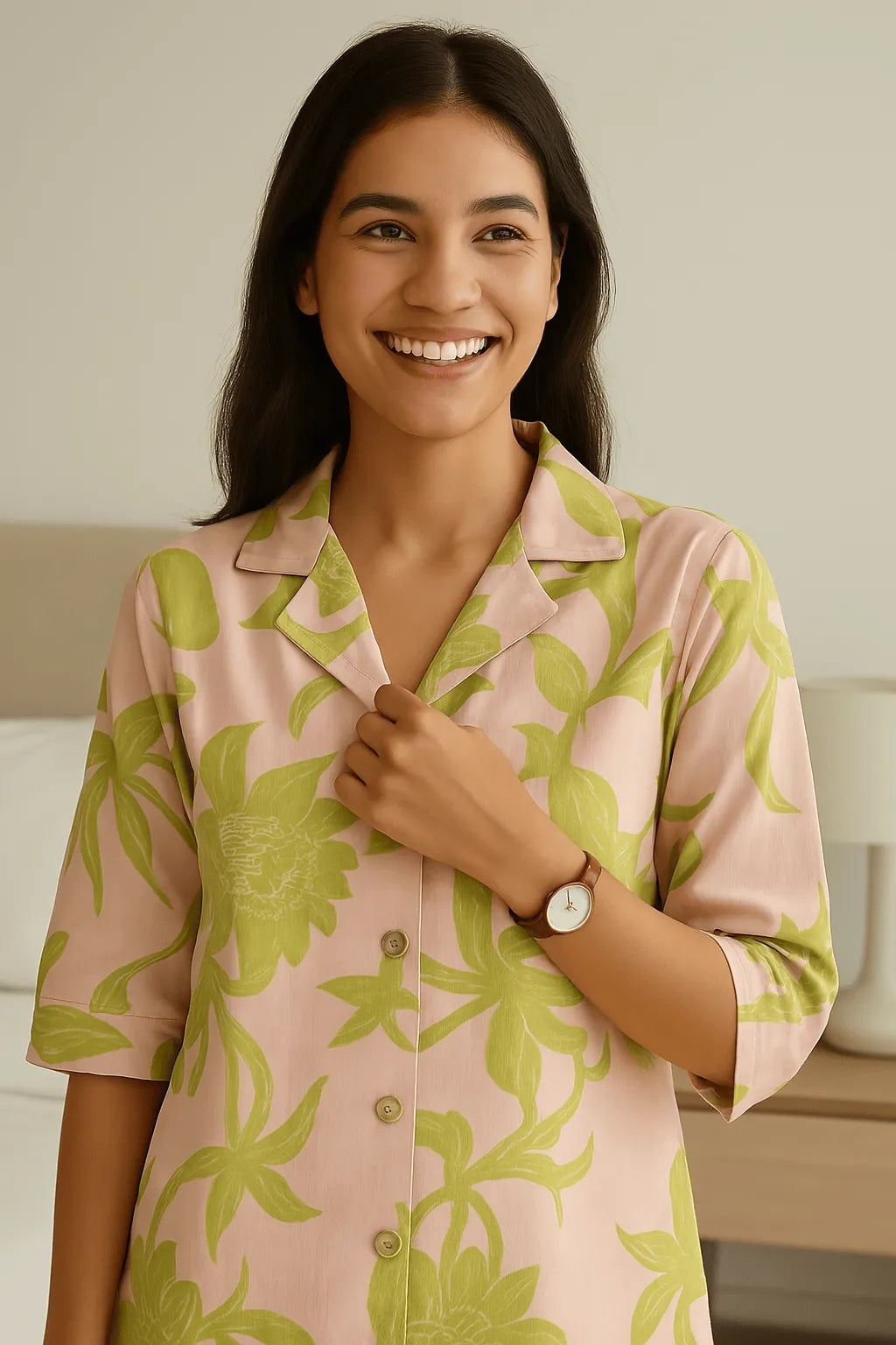 Smiling woman in pink shirt with green floral print and brown leather strap watch