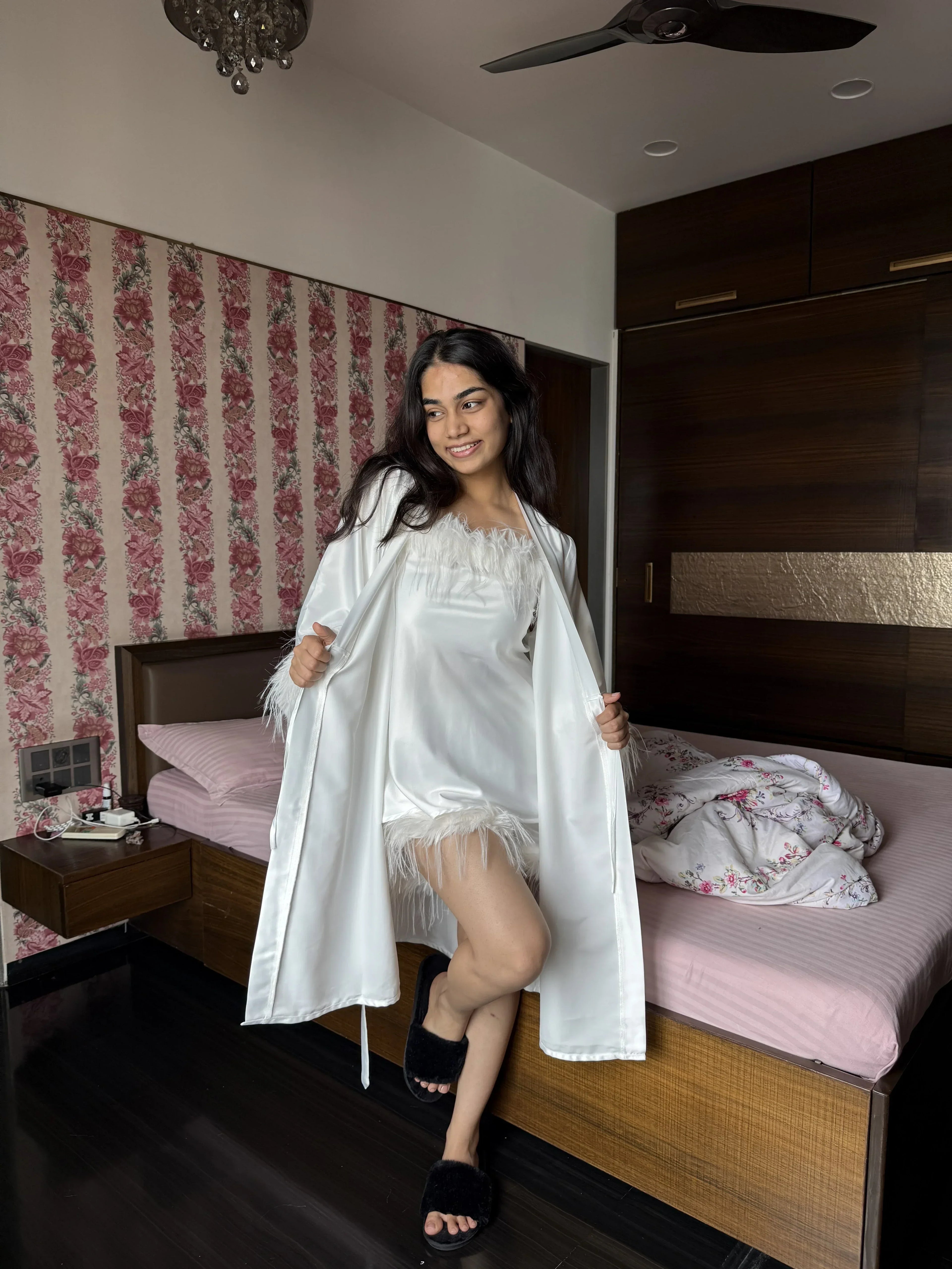 woman wearing velure's satin fur white 3 piece robe set