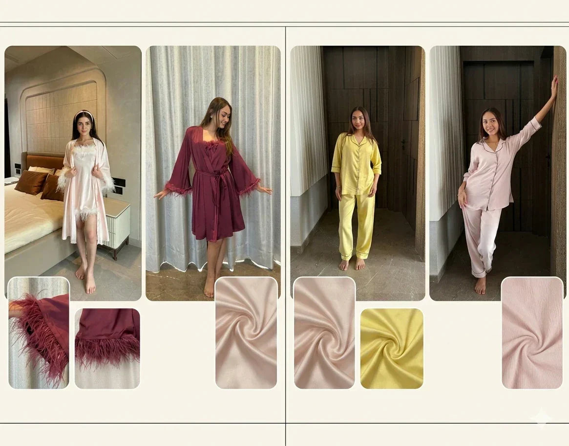 A picture showing a comparison between women wearing satin and cotton fabric nightwear.