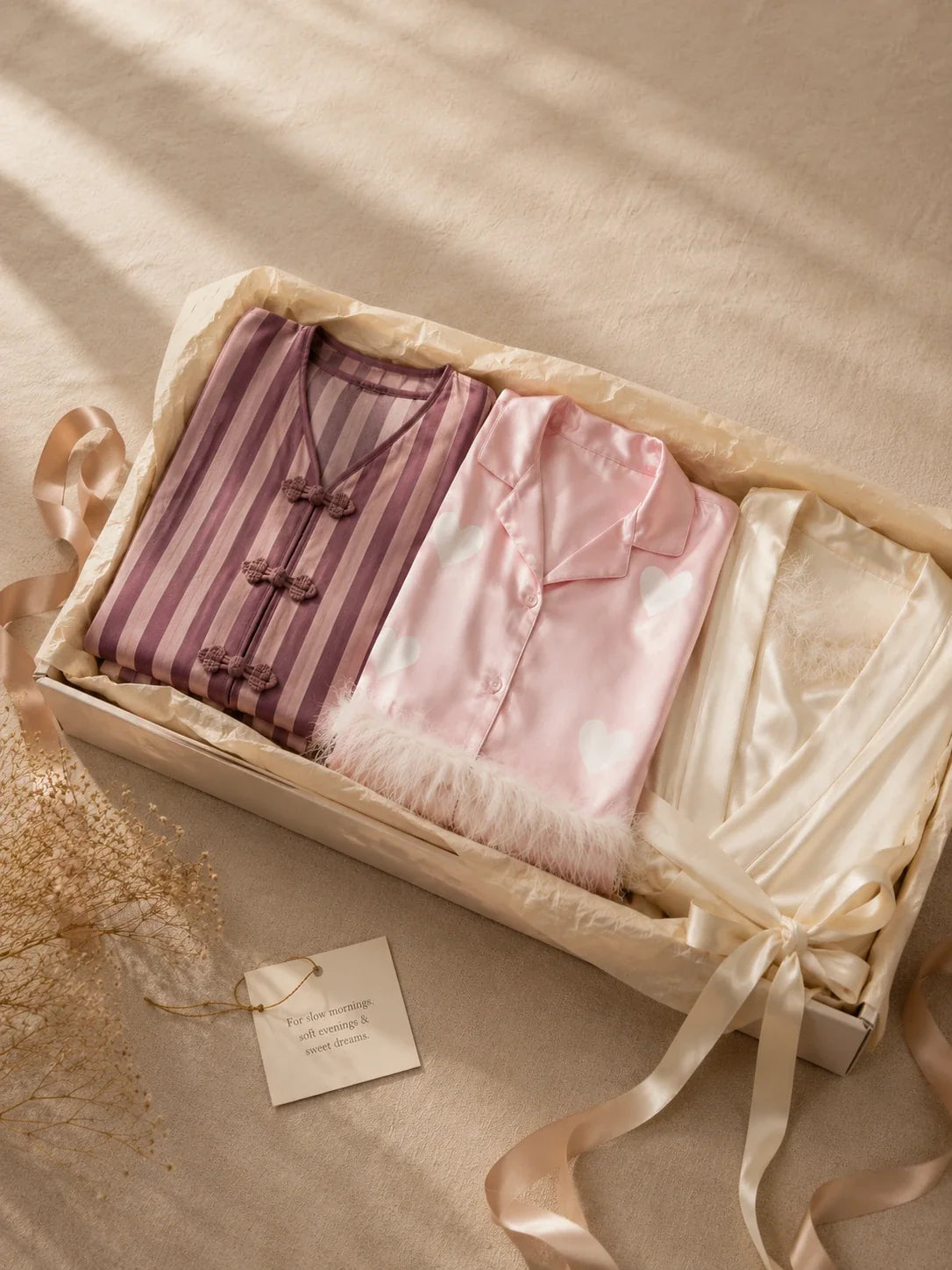 3 night suits of different materials and colours and neatly placed in a box lined with butter paper for gifting purposes.