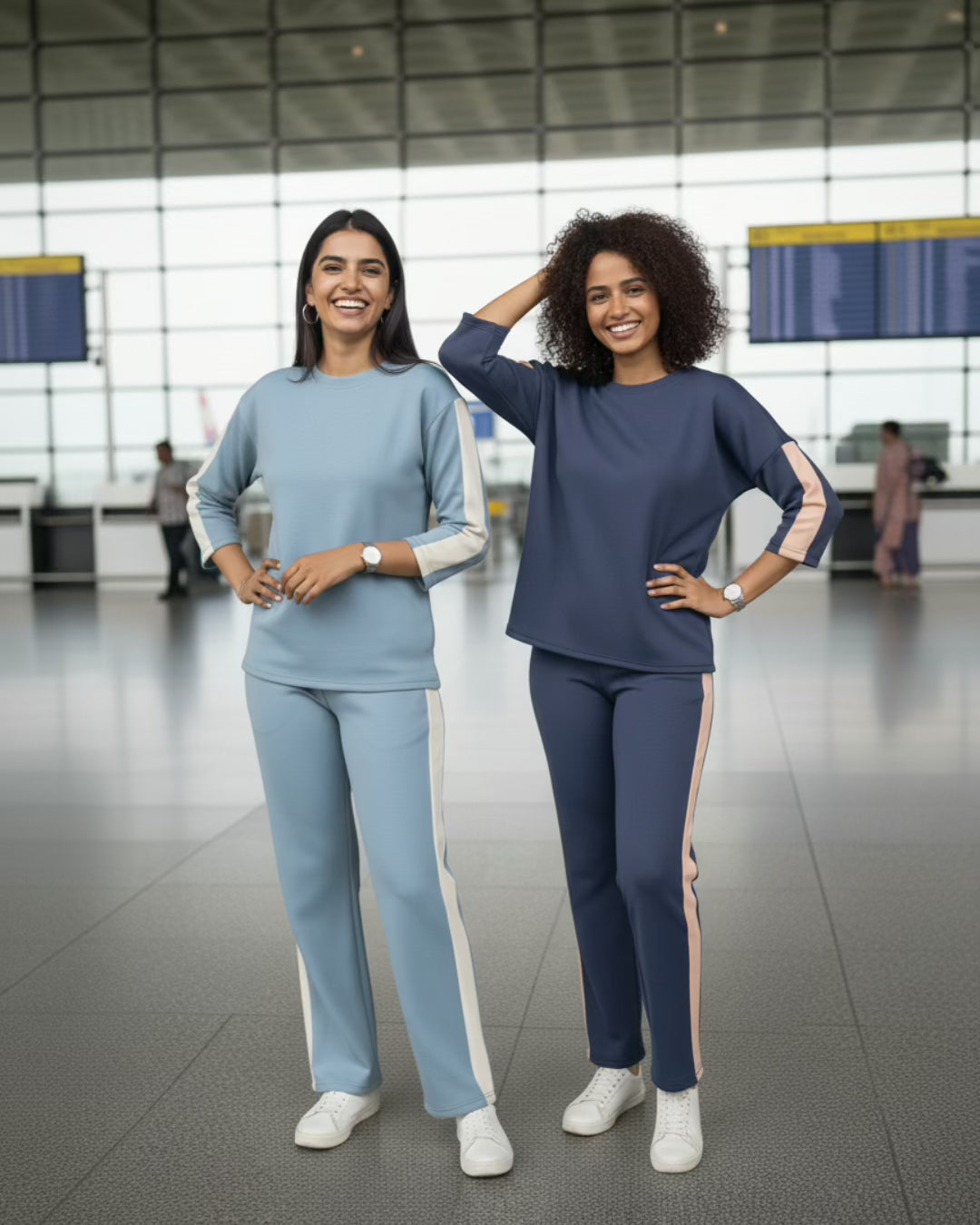 Two smiling women in blue and navy athleisure sets with side stripes, posing at an airport terminal