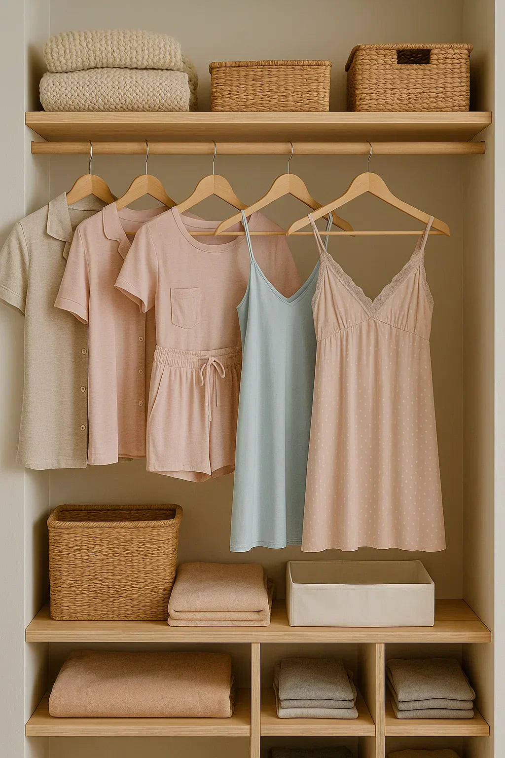 Organized closet with pastel pajamas and nightgowns on wooden hangers and wicker storage baskets