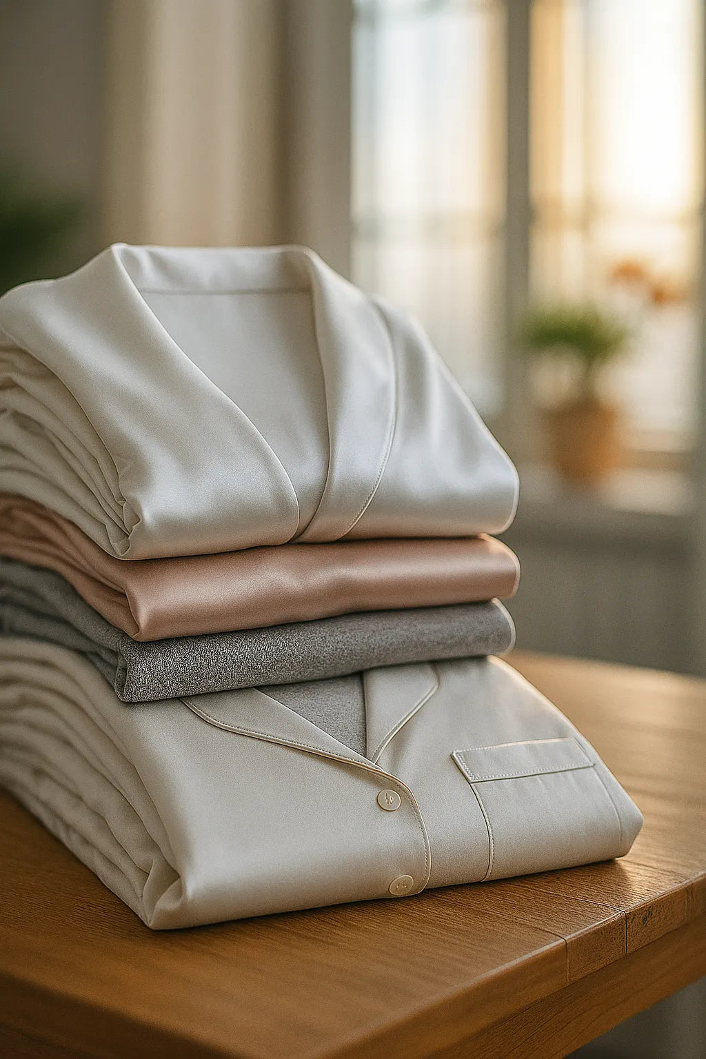 Stack of neatly folded silk and satin pajamas in soft white, beige, and gray on wooden table