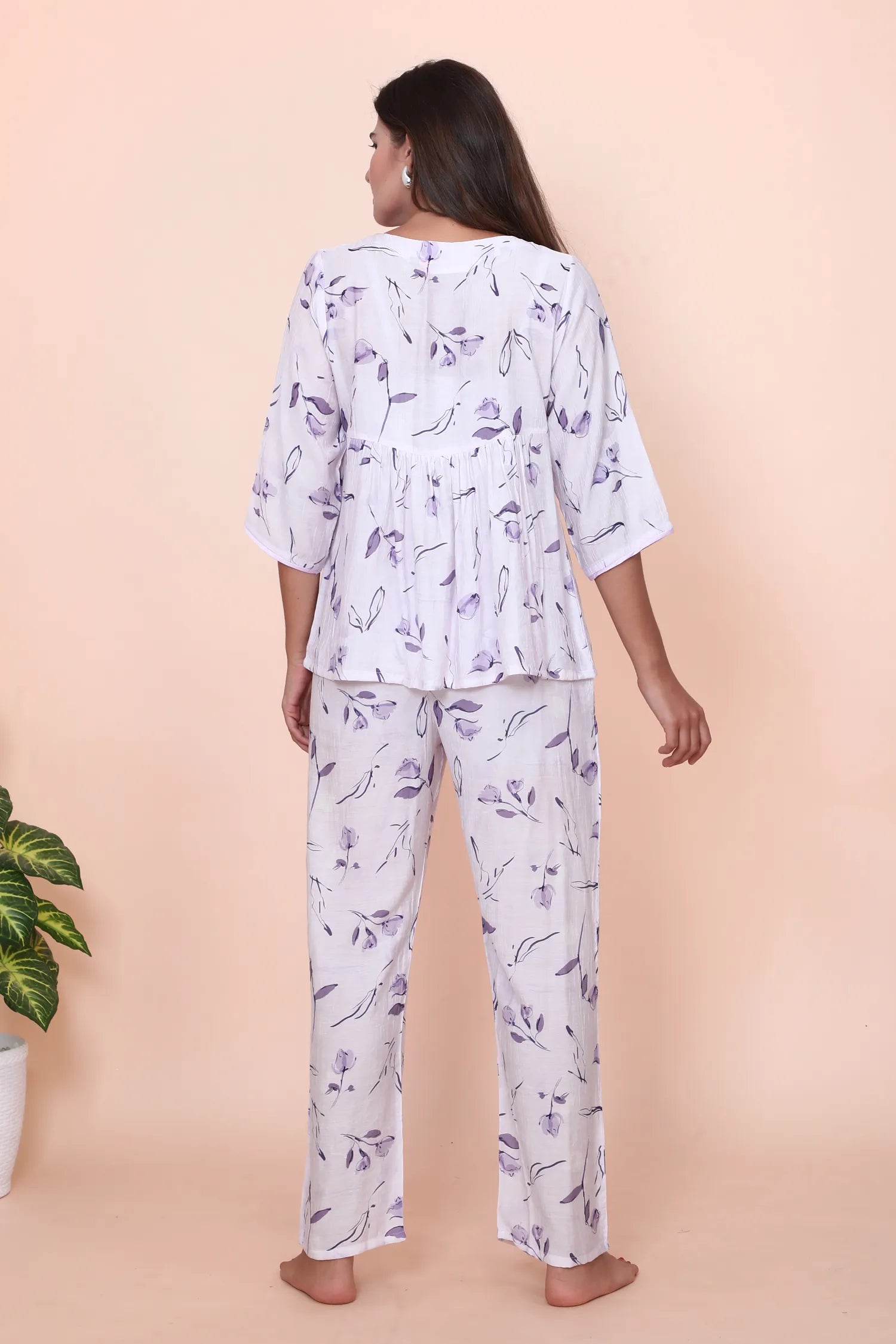 Velure Purple Floral Print Frock-Style Night Suit - Velure - - 3/4 Sleeves, Frock Style, Full Length Pant, Linen, V Neck