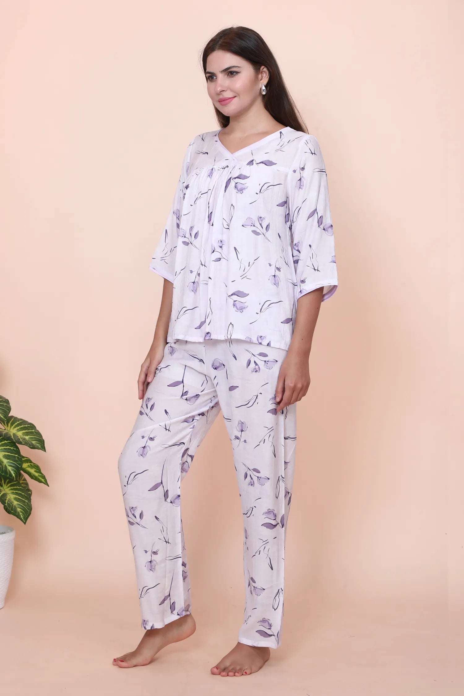 Velure Purple Floral Print Frock-Style Night Suit - Velure - - 3/4 Sleeves, Frock Style, Full Length Pant, Linen, V Neck