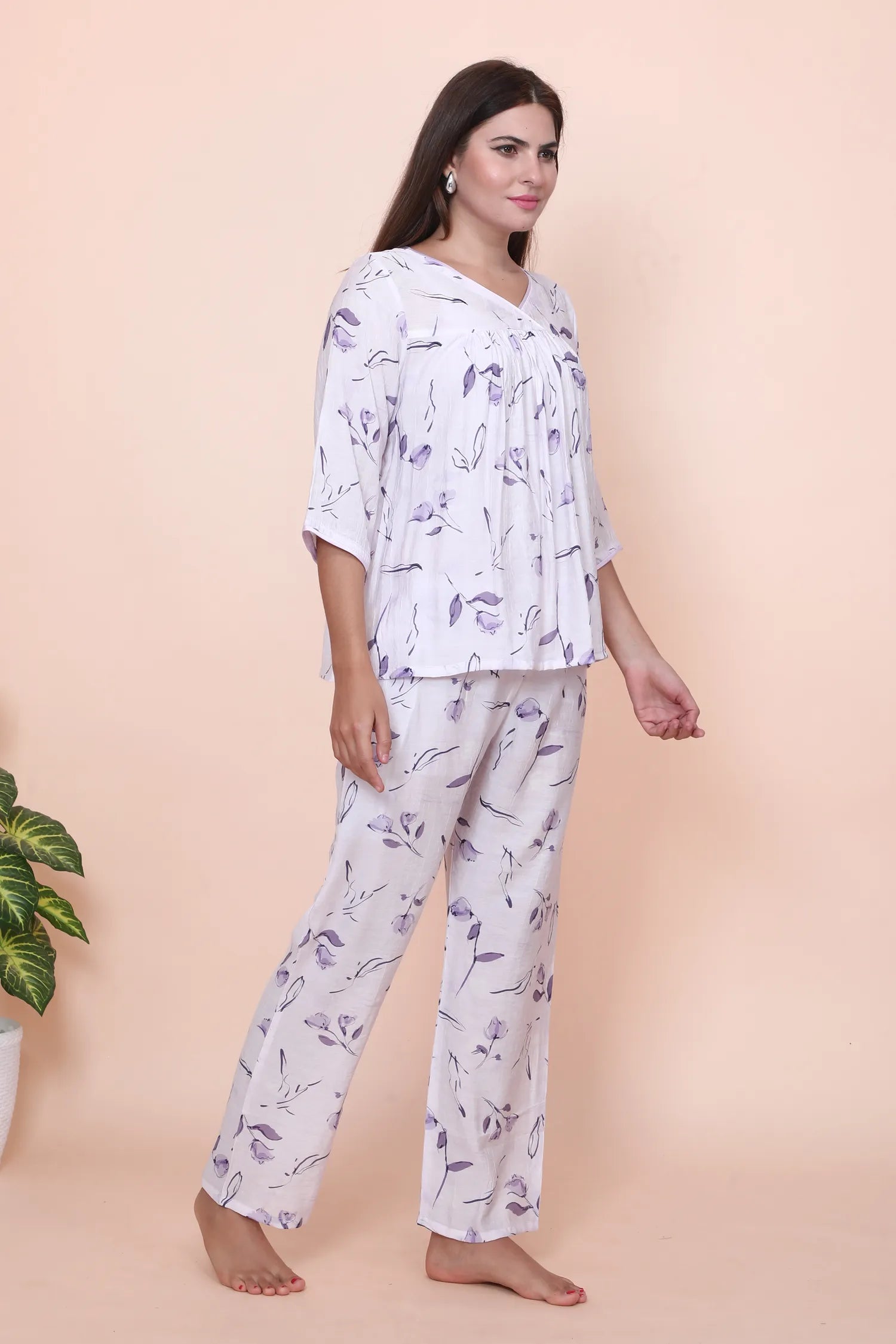 Velure Purple Floral Print Frock-Style Night Suit - Velure - - 3/4 Sleeves, Frock Style, Full Length Pant, Linen, V Neck