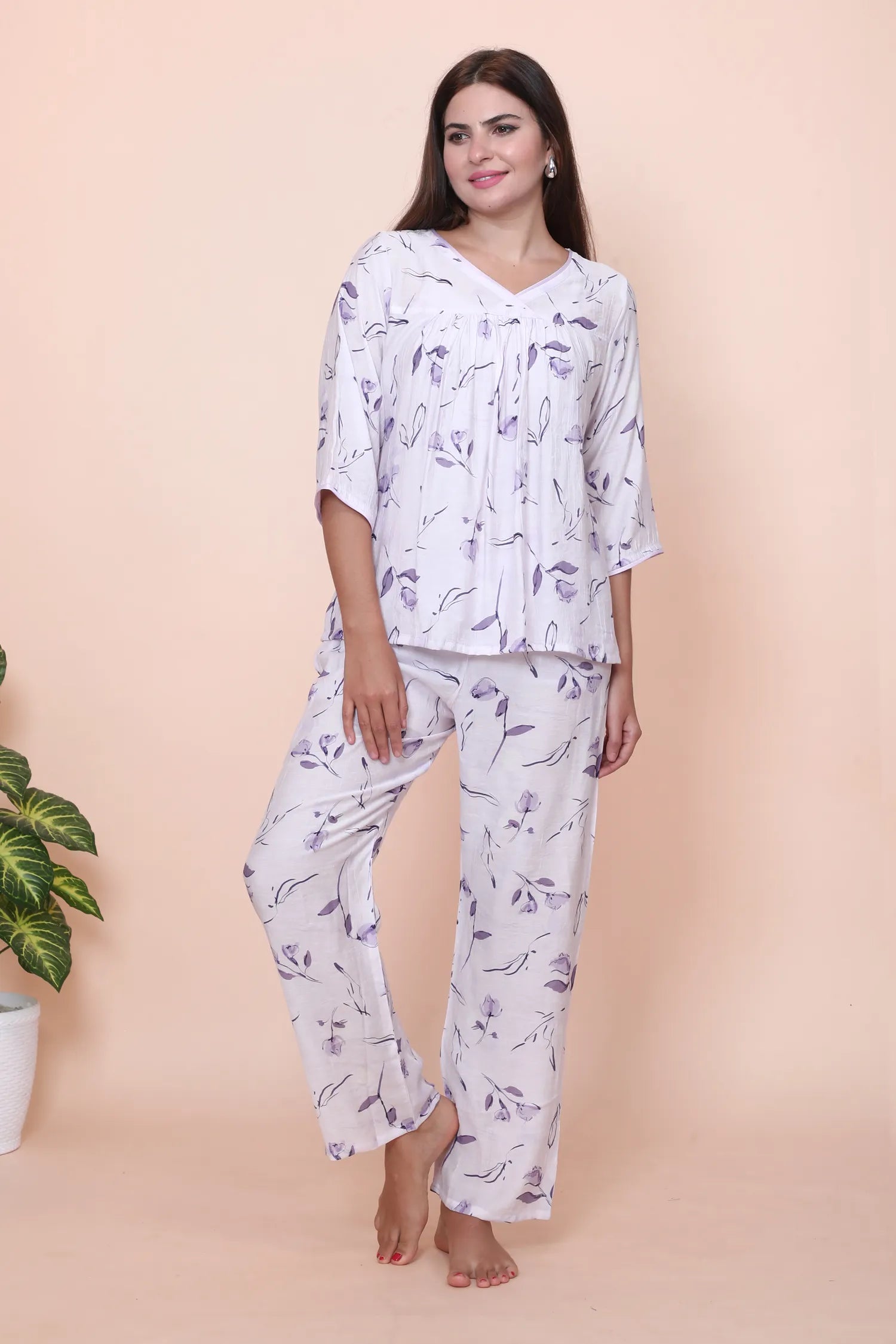 Velure Purple Floral Print Frock-Style Night Suit - Velure - - 3/4 Sleeves, Frock Style, Full Length Pant, Linen, V Neck