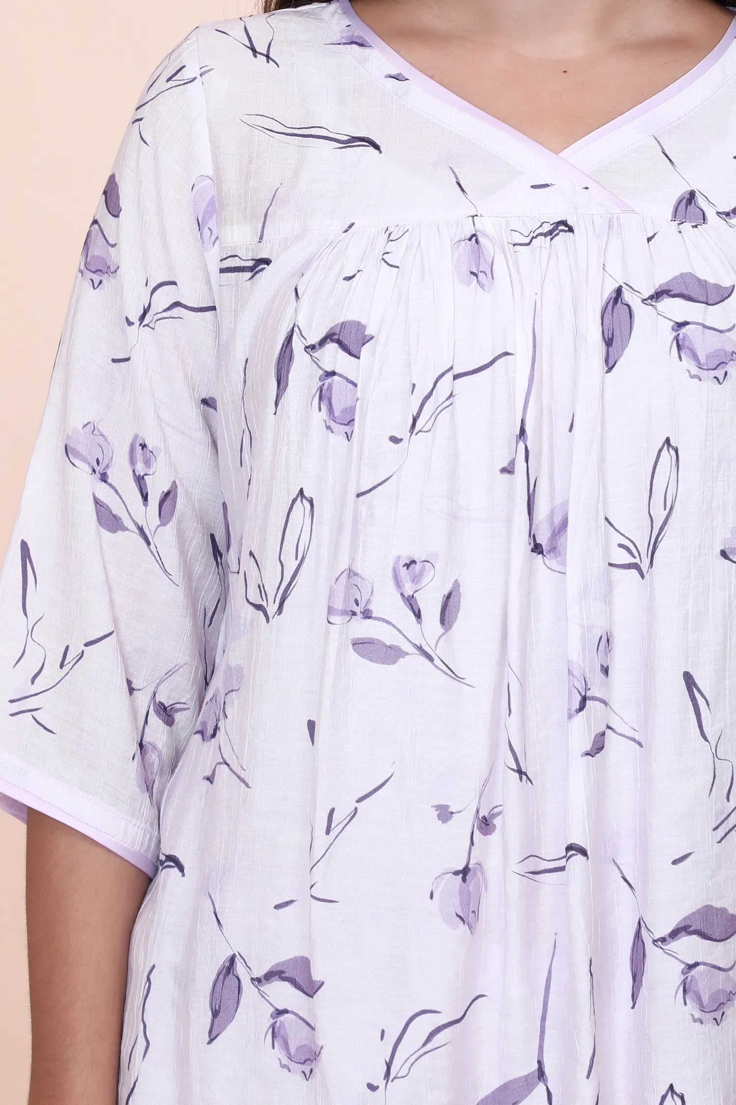 Velure Purple Floral Print Frock-Style Night Suit - Velure - - 3/4 Sleeves, Frock Style, Full Length Pant, Linen, V Neck