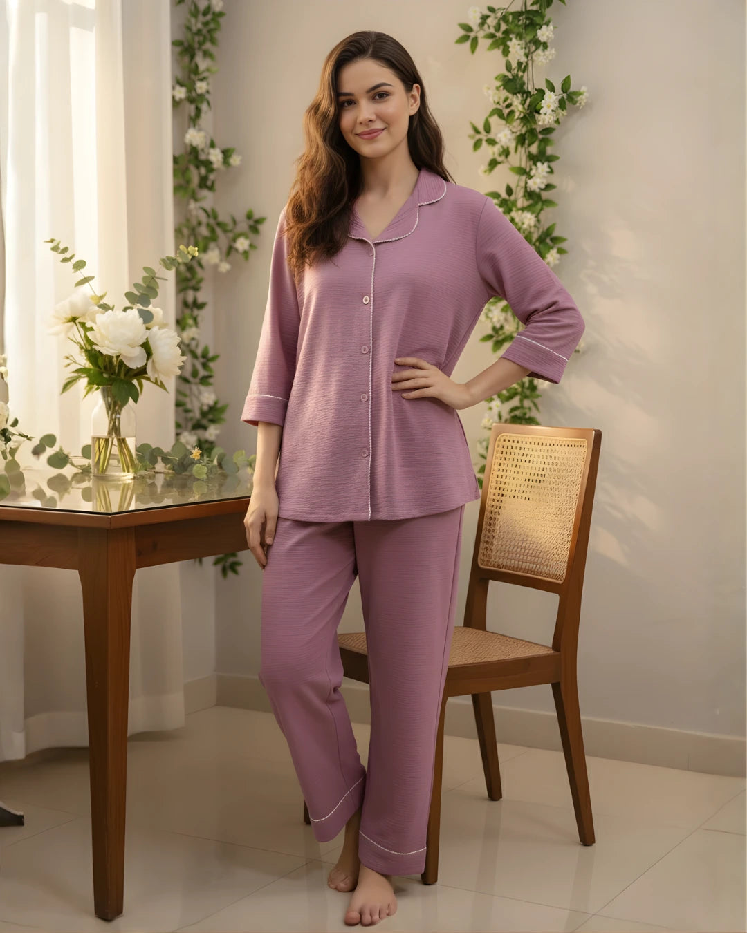 Velure Classic Wine Cotton Night Suit