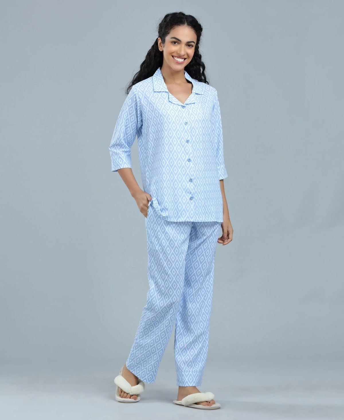 Blue Geometric Print Satin Night Suit - Velure - Shirt and Pant - 3/4 Sleeves, Collar Neck, Flower Print, Front Button Open, Full Length Pants, Satin