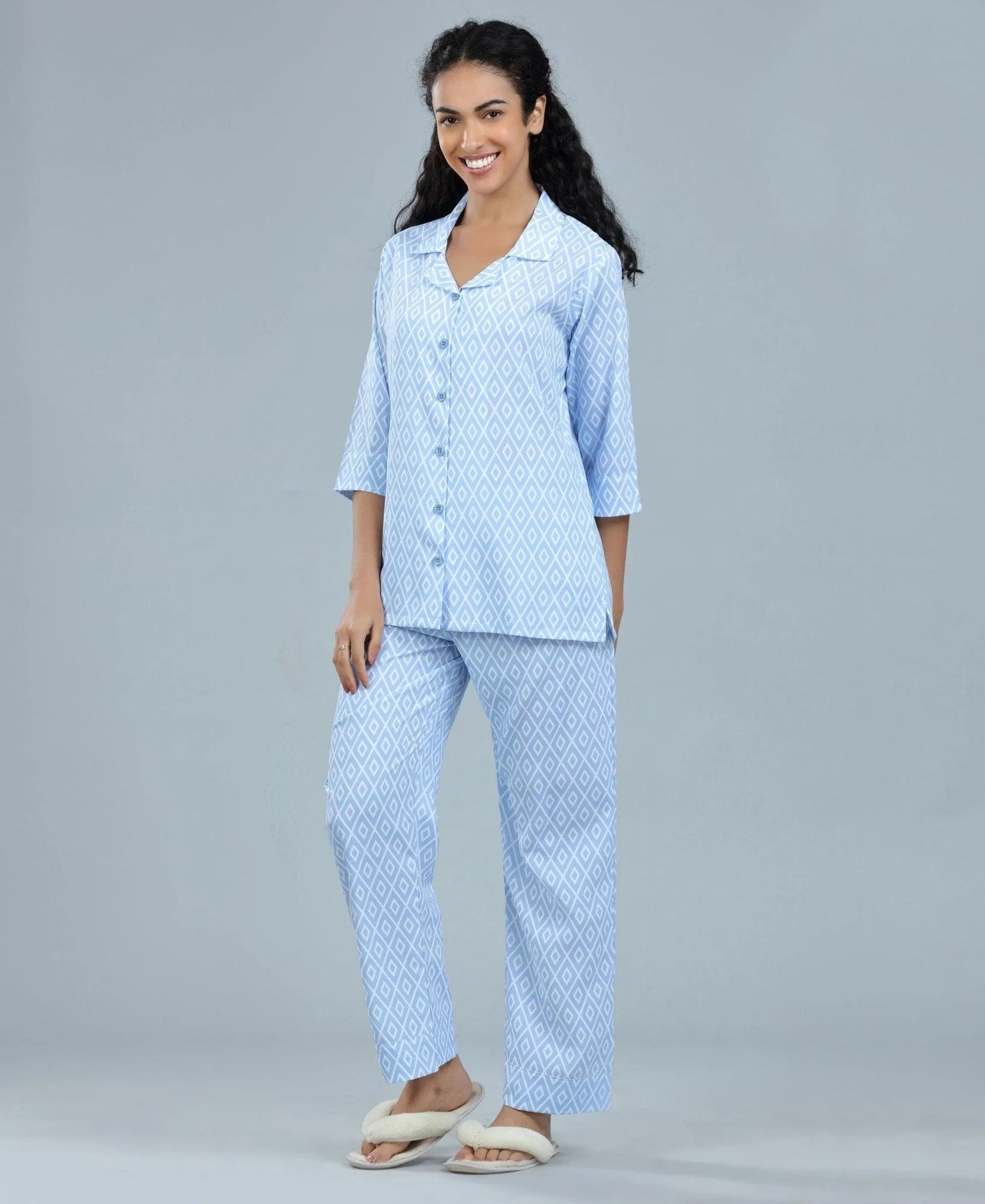 Blue Geometric Print Satin Night Suit - Velure - Shirt and Pant - 3/4 Sleeves, Collar Neck, Flower Print, Front Button Open, Full Length Pants, Satin