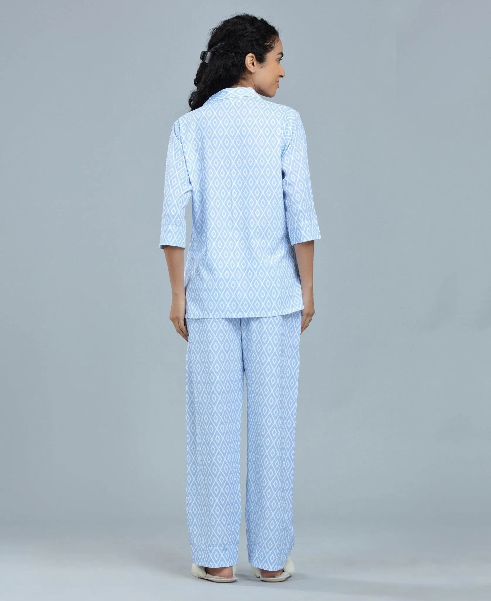 Blue Geometric Print Satin Night Suit - Velure - Shirt and Pant - 3/4 Sleeves, Collar Neck, Flower Print, Front Button Open, Full Length Pants, Satin