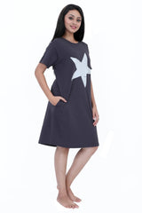 Celestial Print Short Nighty - Velure - Short Nighty - Cotton, Half Sleeves, Knee Length, Printed, Round neck