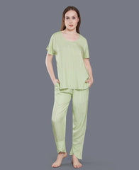 Cotton Stripe Night Suit - Velure - T-Shirt and Pant - Cotton, Full Length Pants, Half Sleeves, Round neck, Stripes