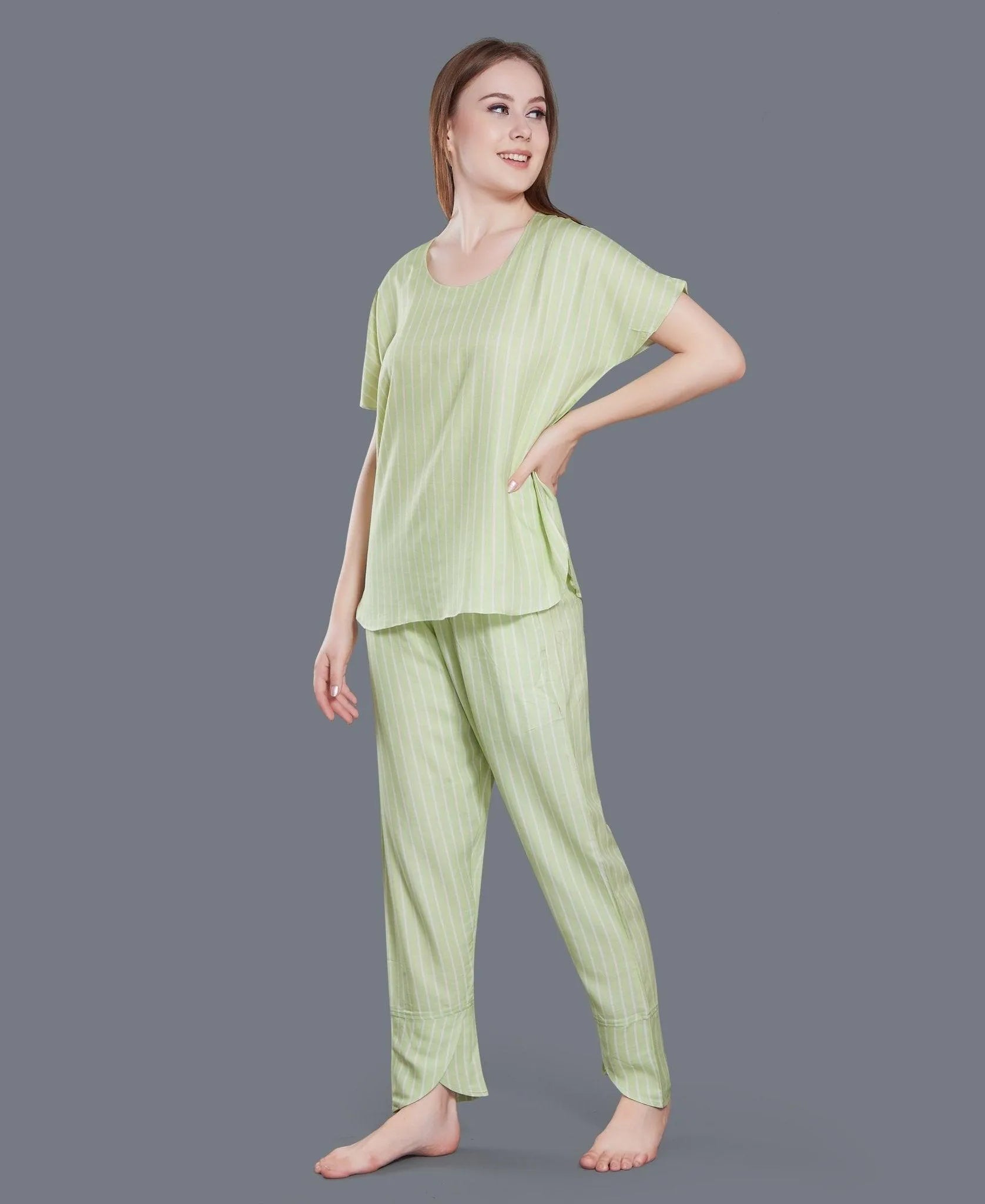 Cotton Stripe Night Suit - Velure - T-Shirt and Pant - Cotton, Full Length Pants, Half Sleeves, Round neck, Stripes