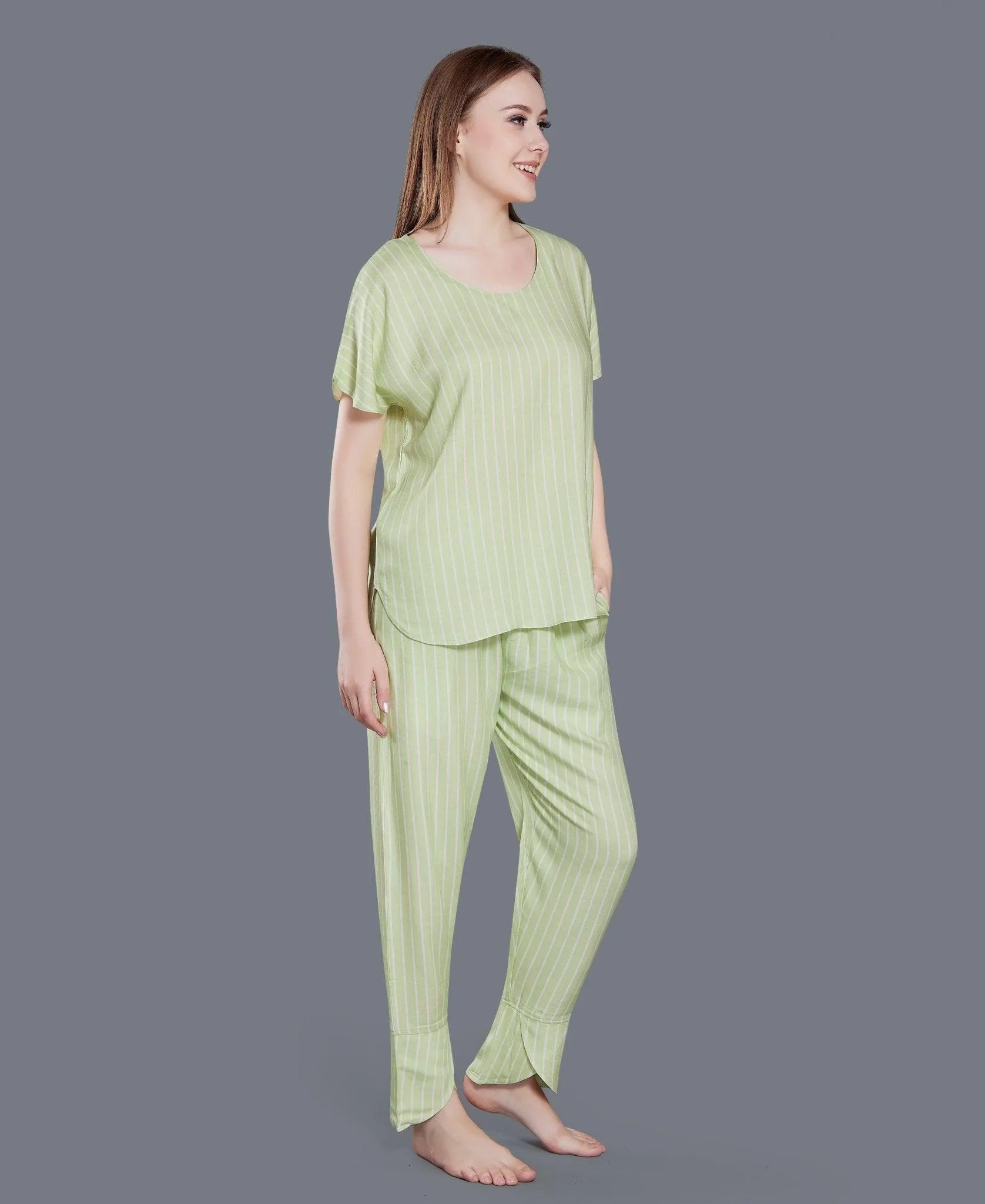 Cotton Stripe Night Suit - Velure - T-Shirt and Pant - Cotton, Full Length Pants, Half Sleeves, Round neck, Stripes