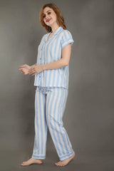 Crossbars Cotton Night Suit - Velure - Shirt and Pant - Collar Neck, Cotton, Front Button Open, Full Length Pants, Half Sleeves, Half Sleeves Nighty, Stripes