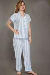 Crossbars Cotton Night Suit - Velure - Shirt and Pant - Collar Neck, Cotton, Front Button Open, Full Length Pants, Half Sleeves, Half Sleeves Nighty, Stripes