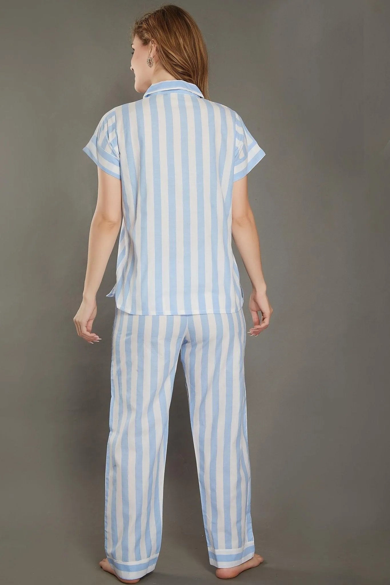 Crossbars Cotton Night Suit - Velure - Shirt and Pant - Collar Neck, Cotton, Front Button Open, Full Length Pants, Half Sleeves, Half Sleeves Nighty, Stripes