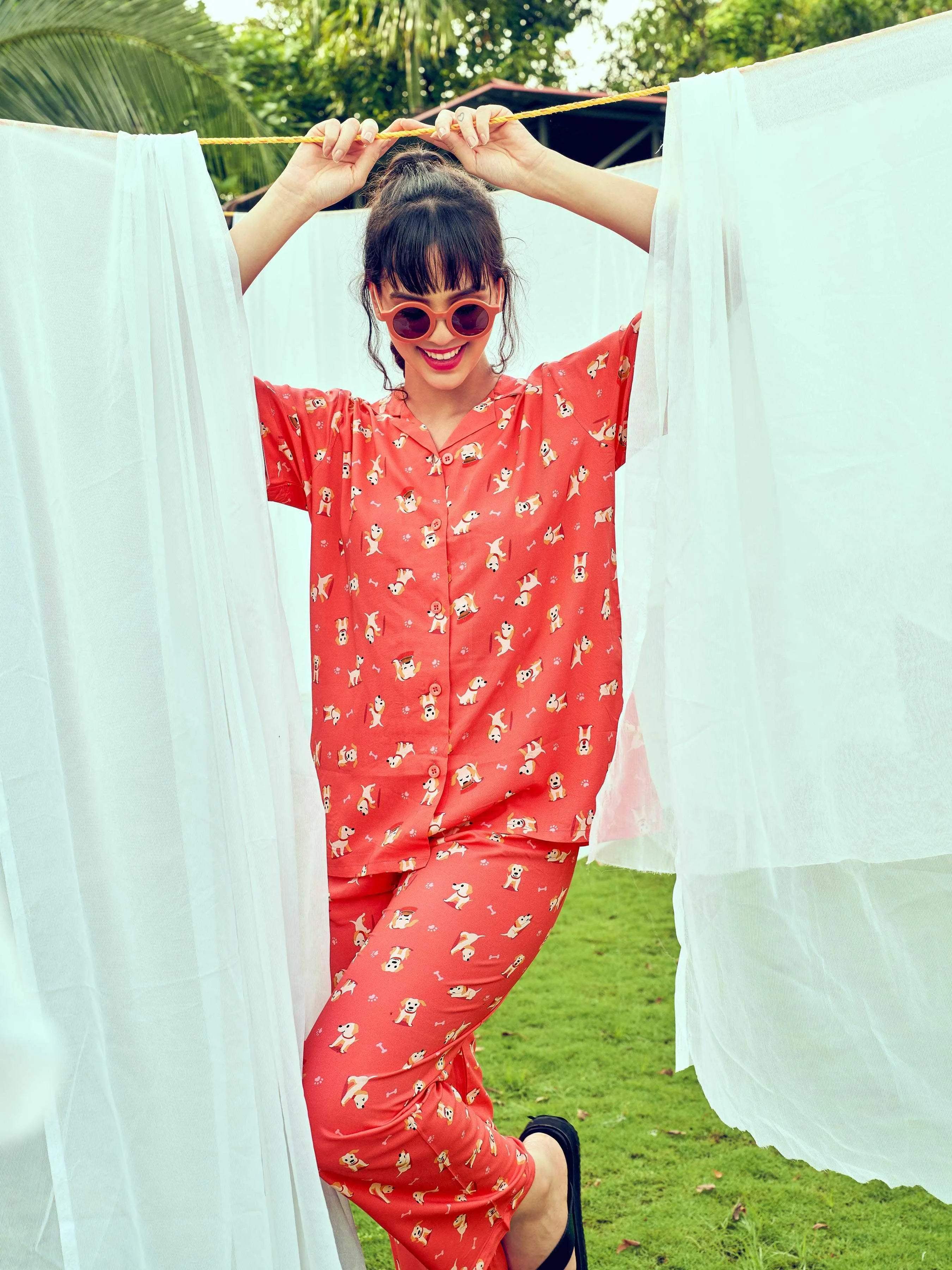 Velure Cotton Printed Nightsuit - Velure - Shirt and Pant - 3/4 Sleeves, Collar Neck, Cotton, Front Button Open, Full Length Pant, Printed