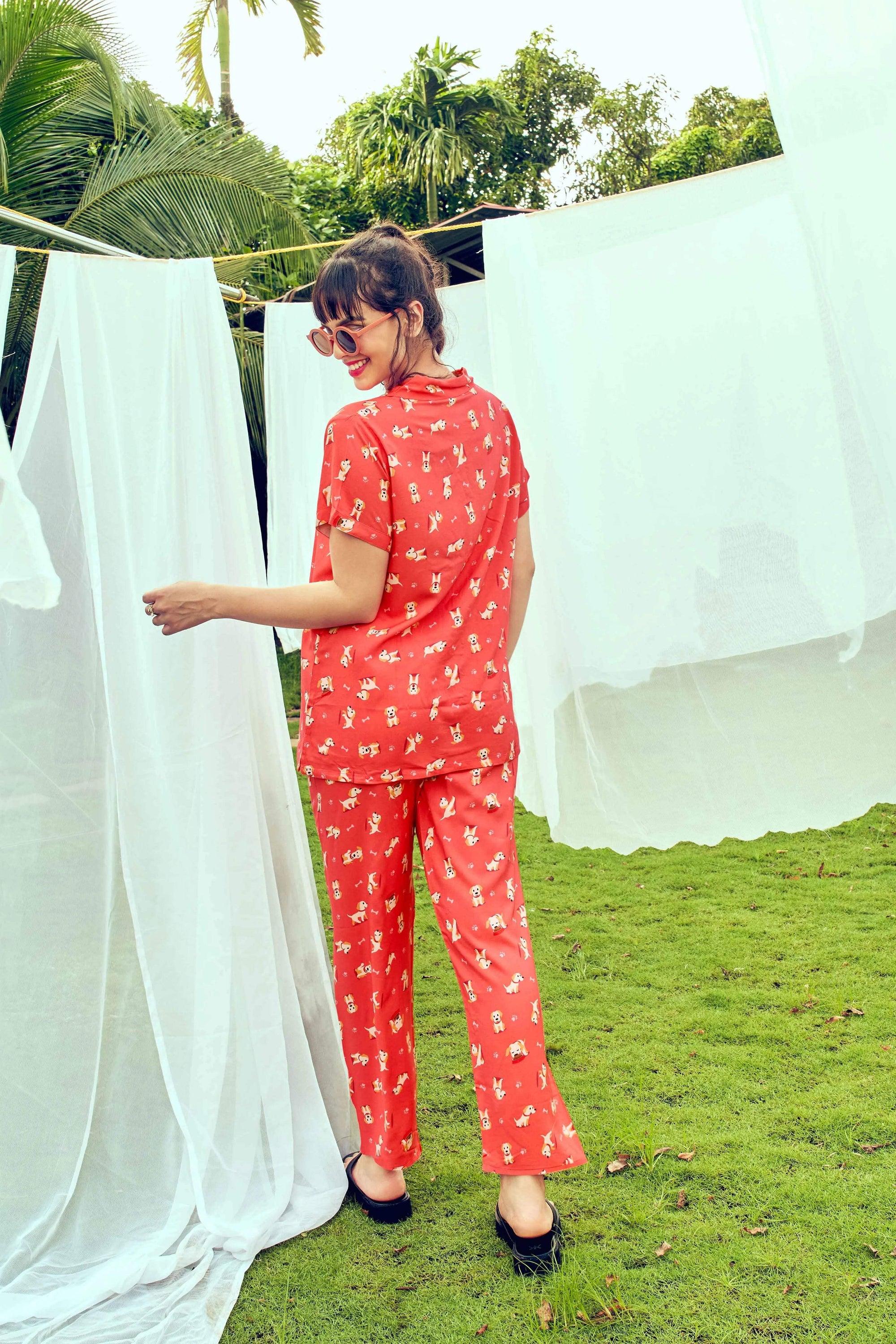 Velure Cotton Printed Nightsuit - Velure - Shirt and Pant - 3/4 Sleeves, Collar Neck, Cotton, Front Button Open, Full Length Pant, Printed