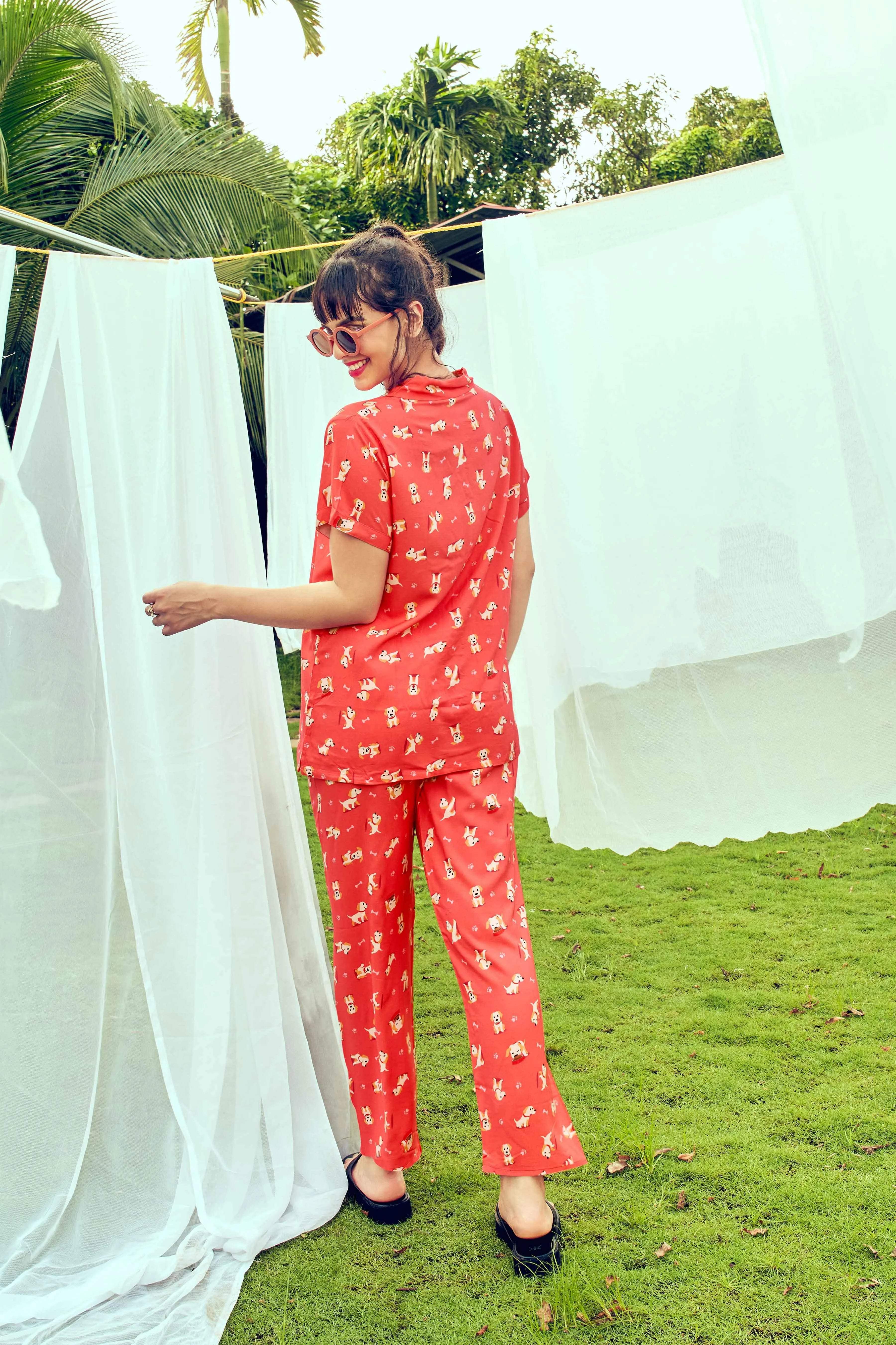 Velure Cotton Printed Nightsuit - Velure - Shirt and Pant - 3/4 Sleeves, Collar Neck, Cotton, Front Button Open, Full Length Pant, Printed