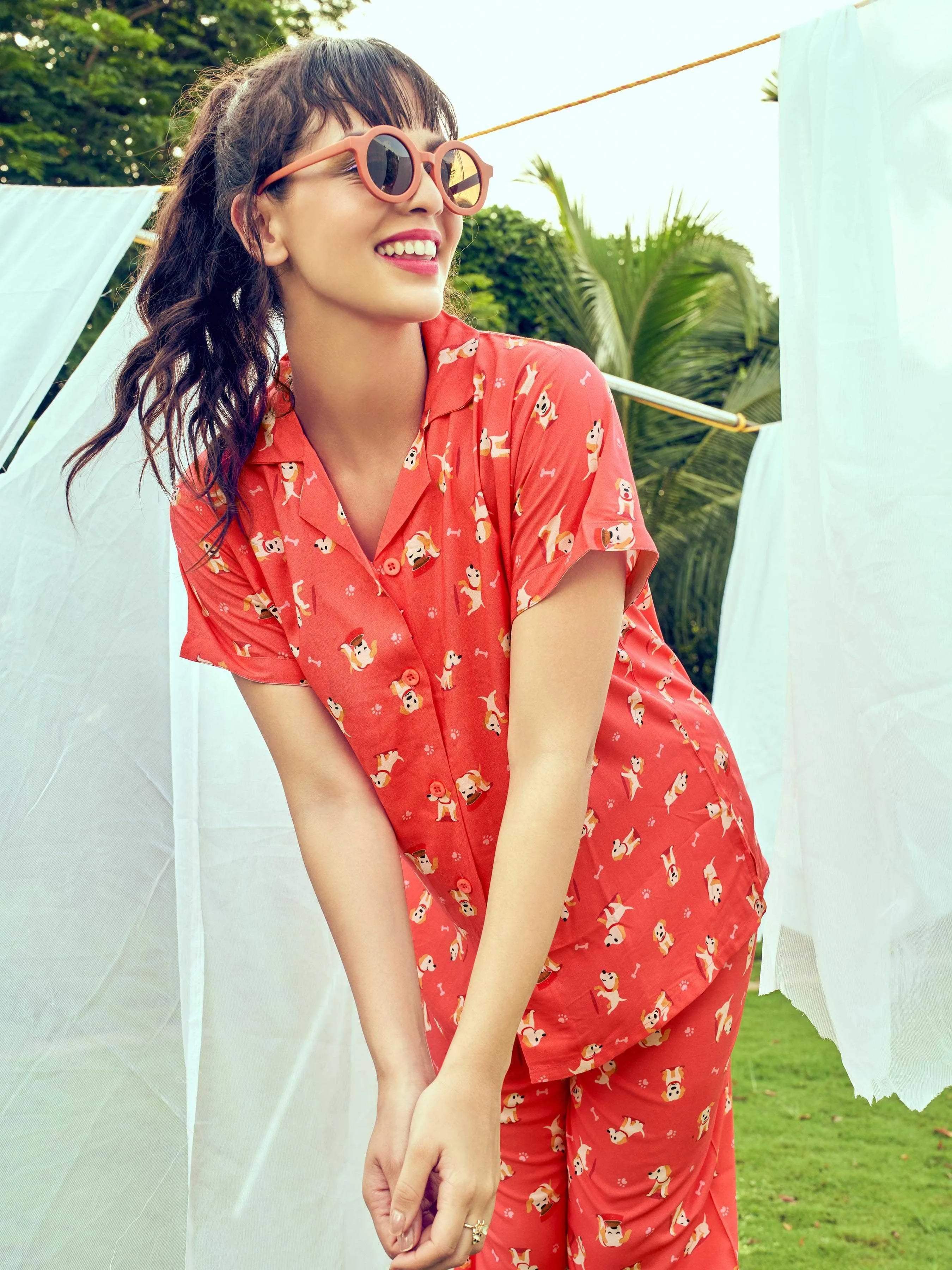 Velure Cotton Printed Nightsuit - Velure - Shirt and Pant - 3/4 Sleeves, Collar Neck, Cotton, Front Button Open, Full Length Pant, Printed