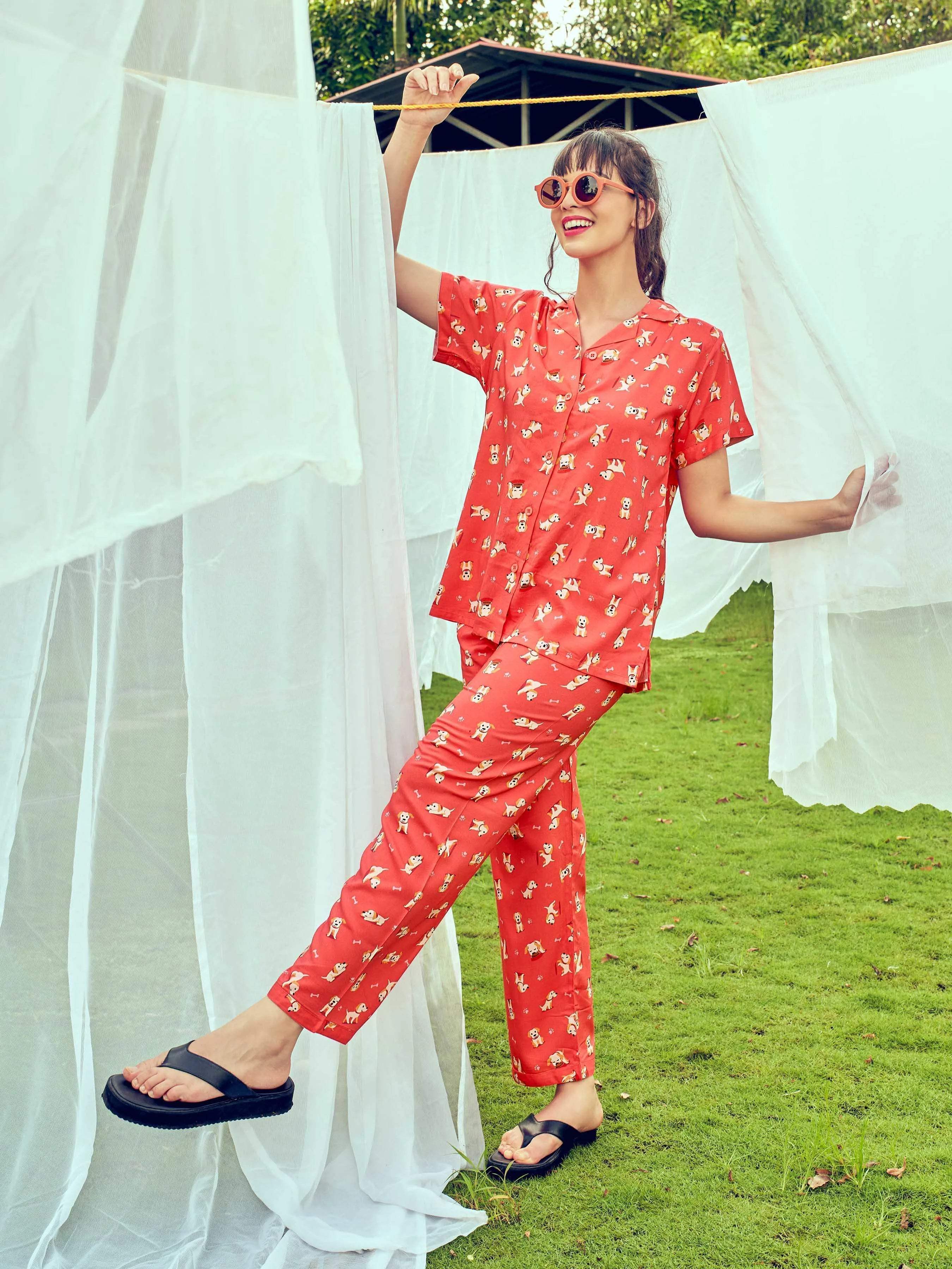 Velure Cotton Printed Nightsuit - Velure - Shirt and Pant - 3/4 Sleeves, Collar Neck, Cotton, Front Button Open, Full Length Pant, Printed