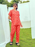 Velure Cotton Printed Nightsuit - Velure - Shirt and Pant - 3/4 Sleeves, Collar Neck, Cotton, Front Button Open, Full Length Pant, Printed