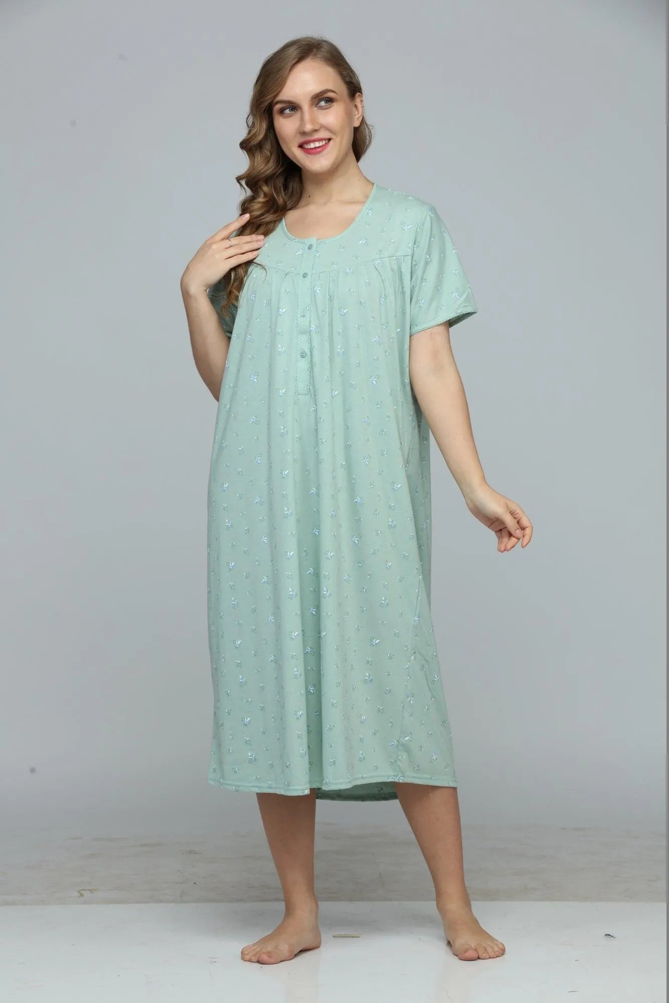 Floral Escape Cotton Short Nightdress - Velure, Short Nightdress, Get cozy and comfortable all night long in this pure cotton nighty. Elegant and simple design with round neck, short sleeves, and knee-length hem. Loose fit for easy movement. Ideal for summer nights. Machine washable and durable. Order now for ultimate comfort!