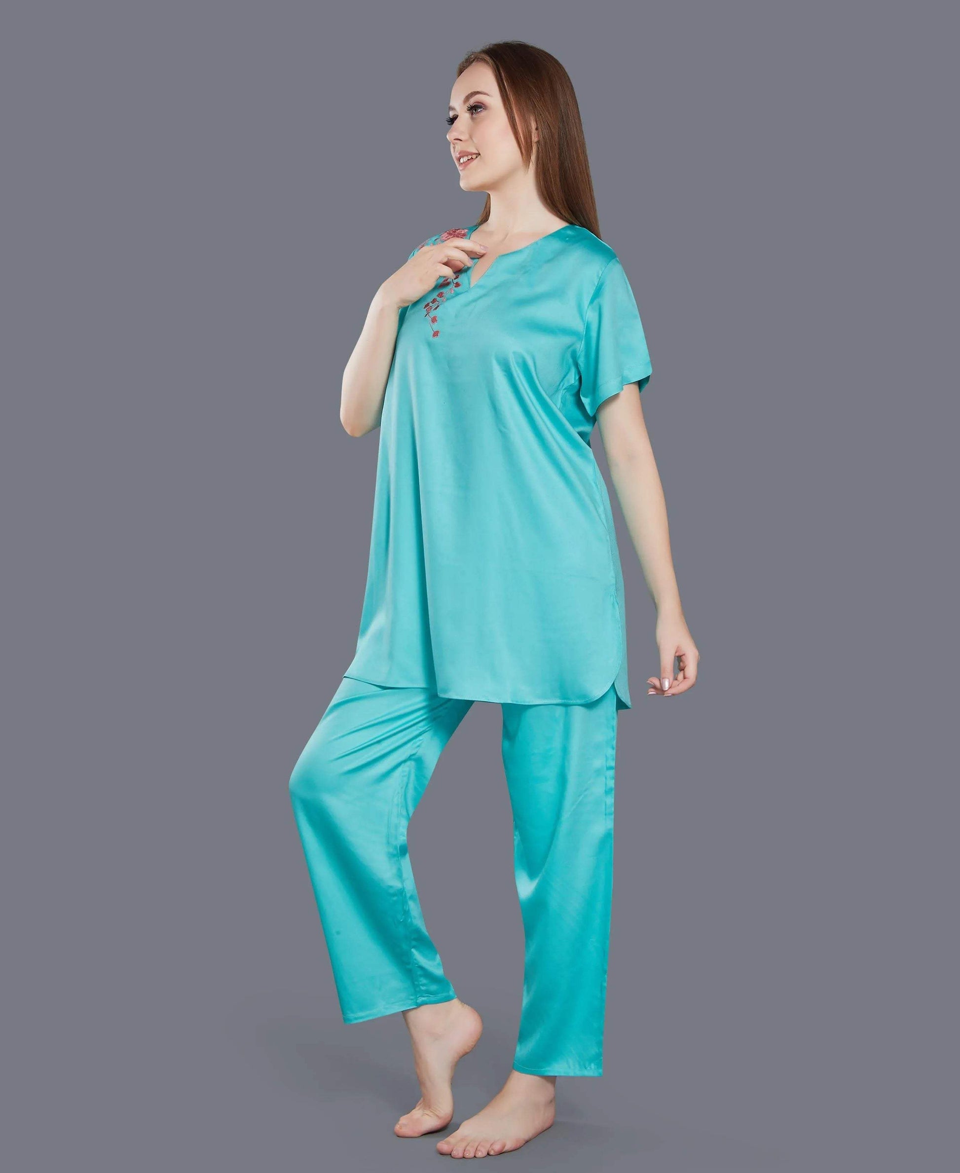 Floral Satin Night Suit - Velure - Shirt and Pant - Collar Night Suit, Full Length Pant, Half Sleeves, Long Top Night Suit, Satin