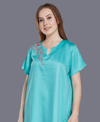 Floral Satin Night Suit - Velure - Shirt and Pant - Collar Night Suit, Full Length Pant, Half Sleeves, Long Top Night Suit, Satin