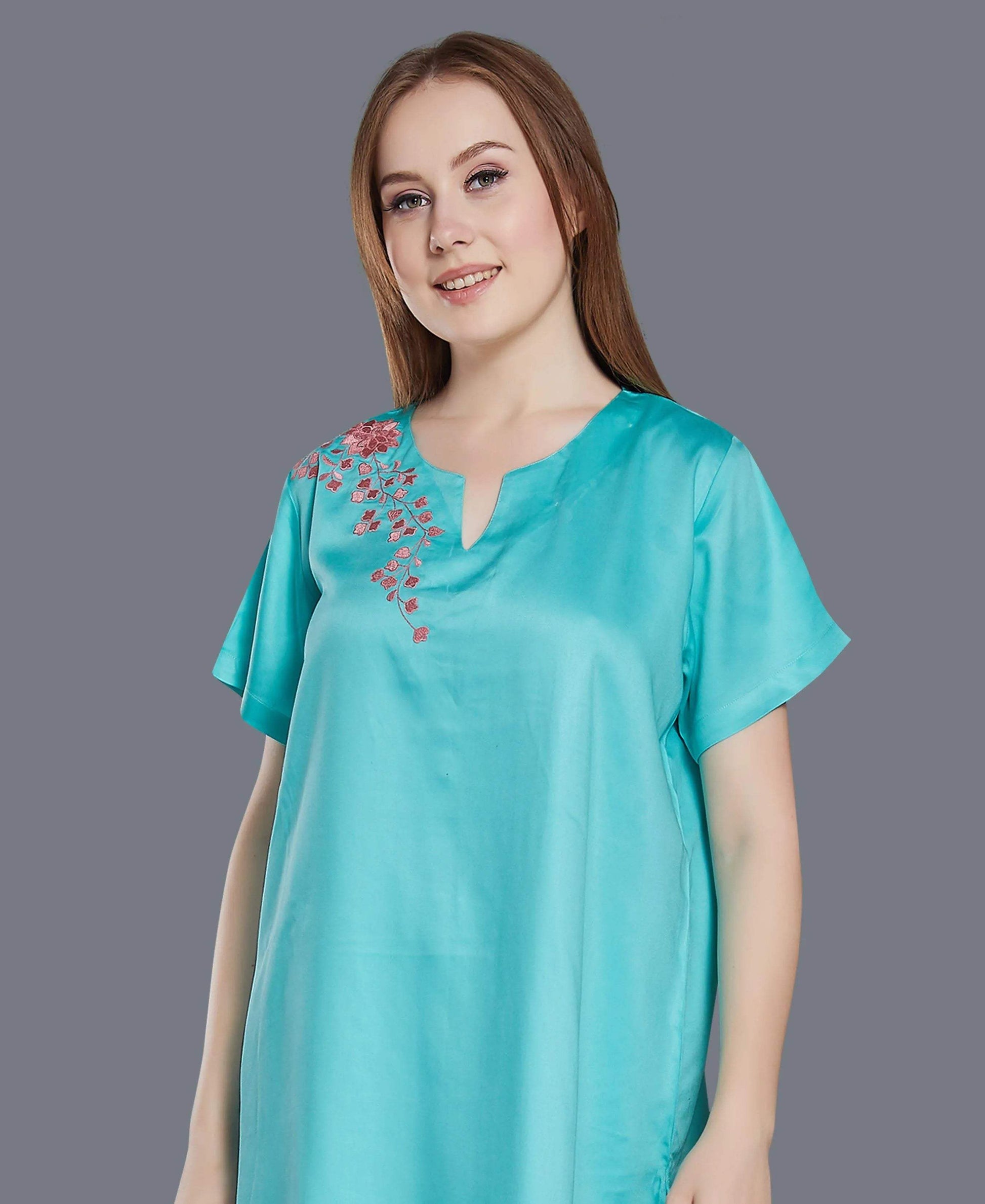 Floral Satin Night Suit - Velure - Shirt and Pant - Collar Night Suit, Full Length Pant, Half Sleeves, Long Top Night Suit, Satin