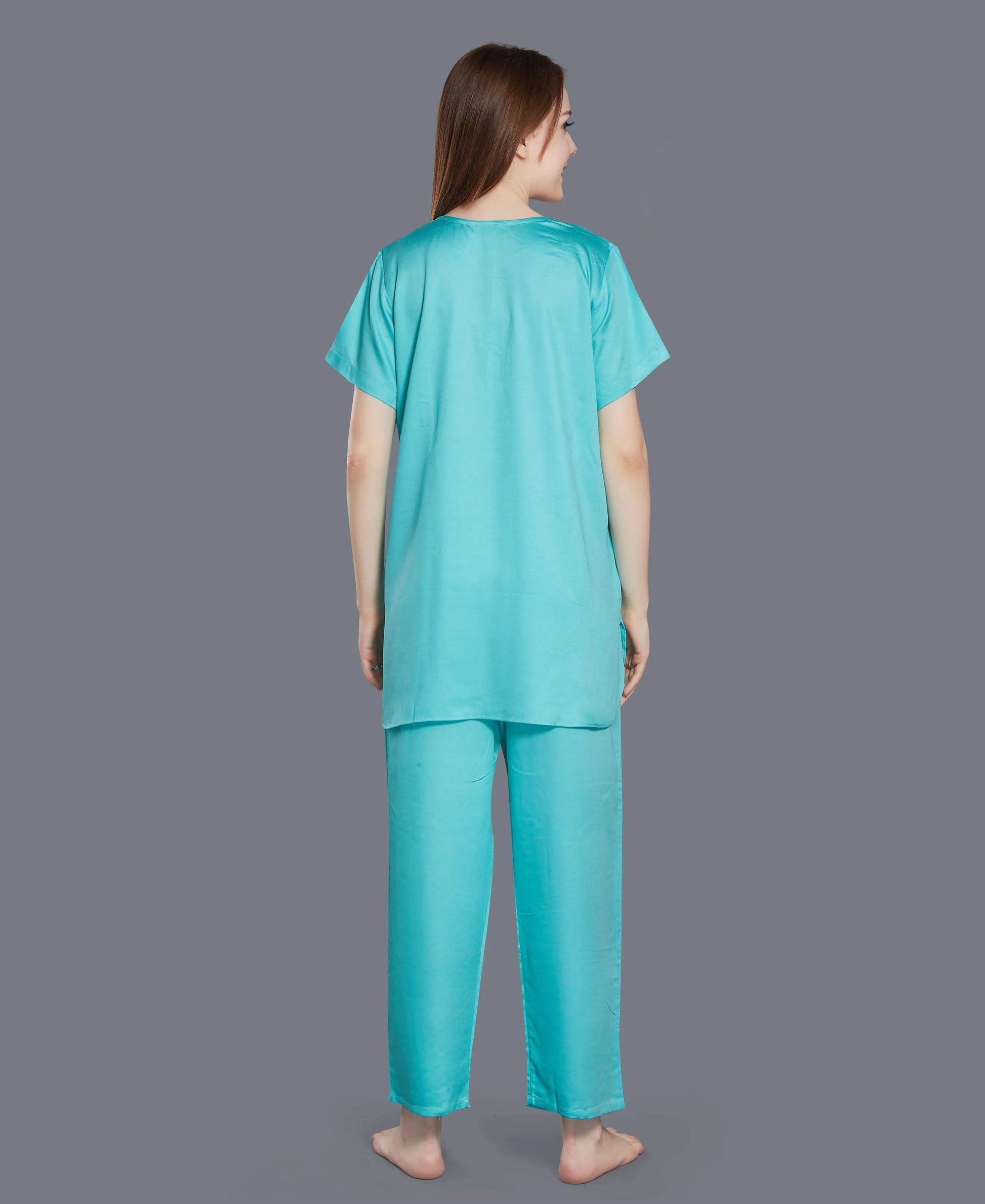 Floral Satin Night Suit - Velure - Shirt and Pant - Collar Night Suit, Full Length Pant, Half Sleeves, Long Top Night Suit, Satin