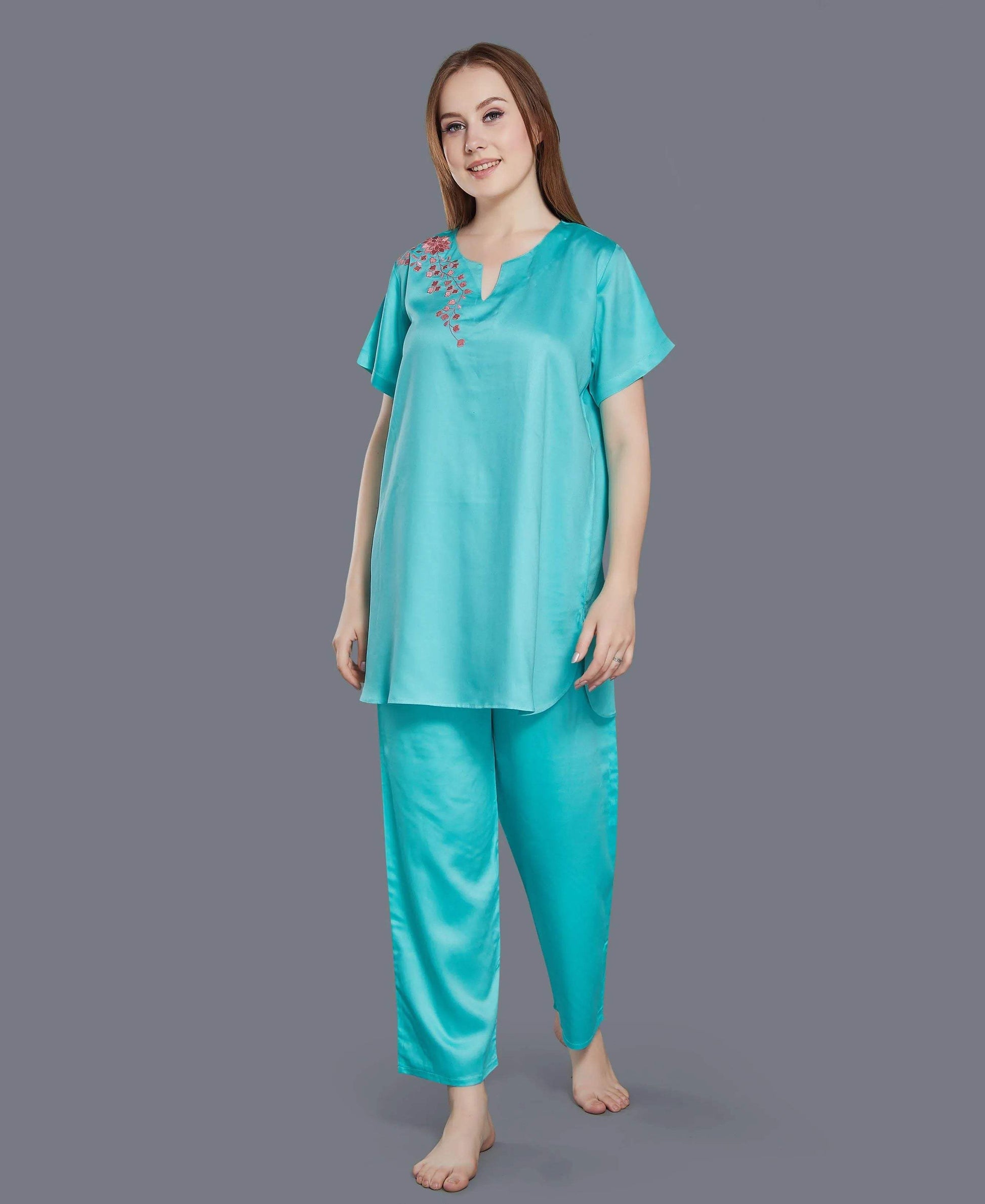 Floral Satin Night Suit - Velure - Shirt and Pant - Collar Night Suit, Full Length Pant, Half Sleeves, Long Top Night Suit, Satin
