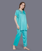 Floral Satin Night Suit - Velure - Shirt and Pant - Collar Night Suit, Full Length Pant, Half Sleeves, Long Top Night Suit, Satin
