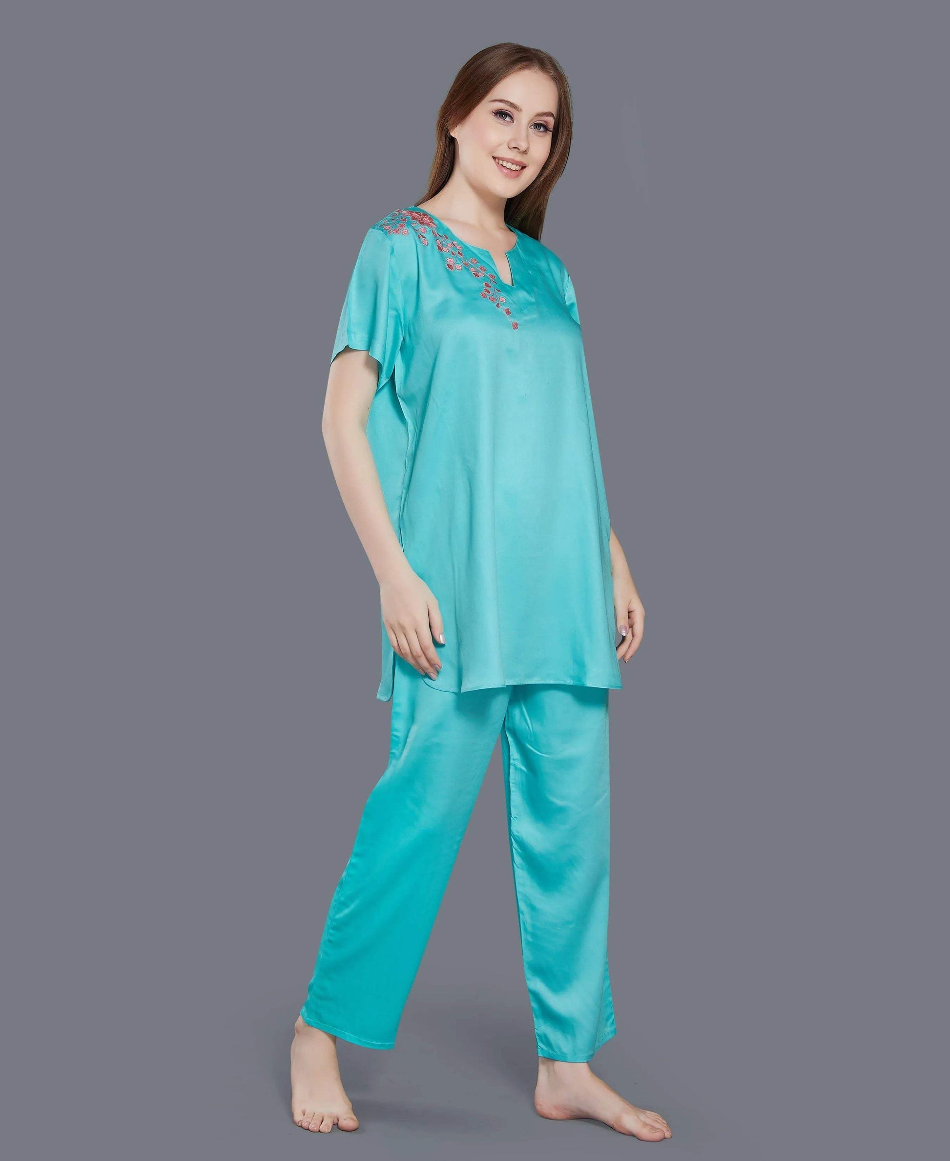 Floral Satin Night Suit - Velure - Shirt and Pant - Collar Night Suit, Full Length Pant, Half Sleeves, Long Top Night Suit, Satin