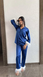 Velure Luxurious Royal Blue Fur Night Suit - Velure - - Collar Neck, Front Button Open, Full Length Pant, Full Sleeves, Fur, Satin