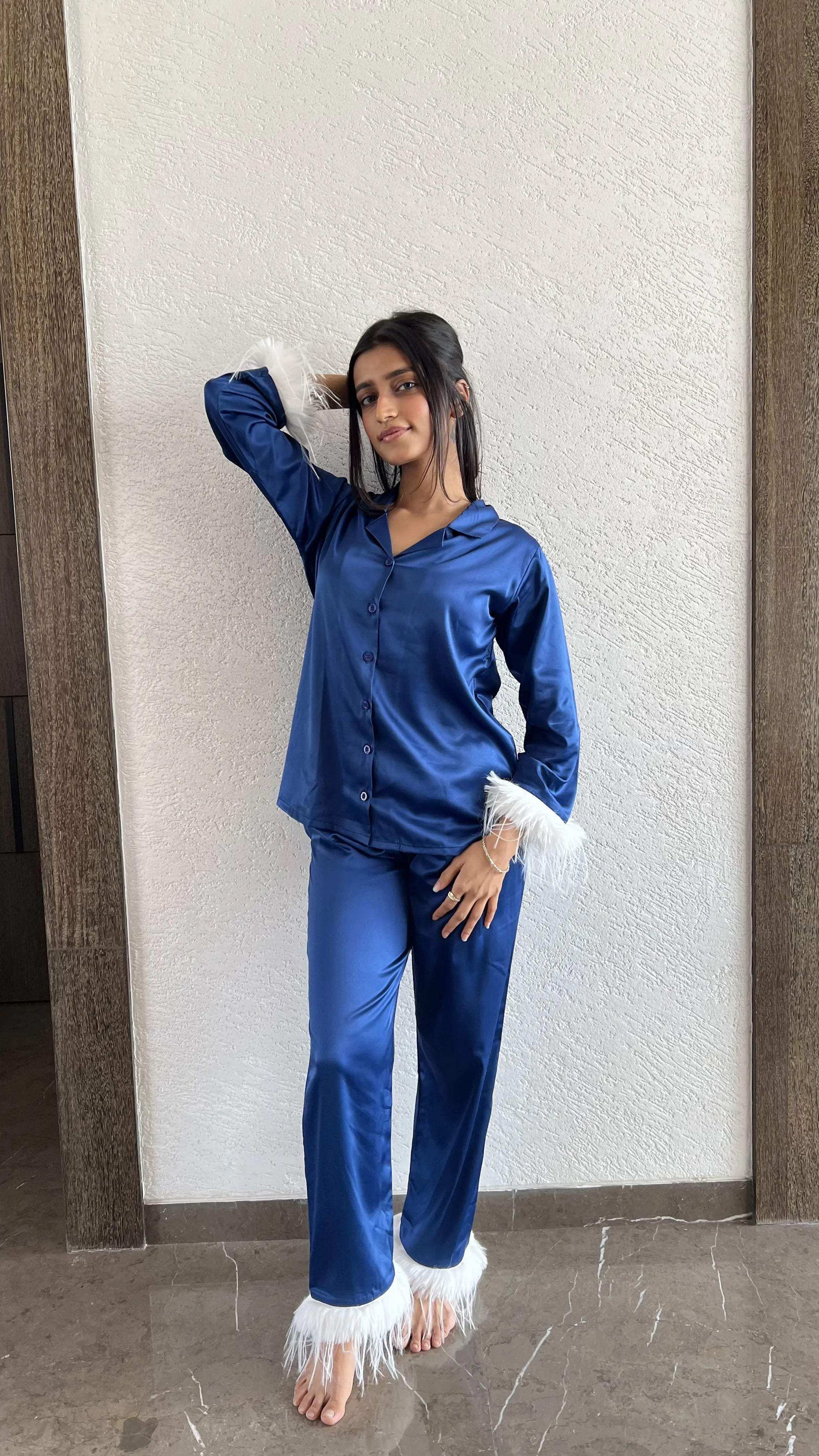 Velure Luxurious Royal Blue Fur Night Suit - Velure - - Collar Neck, Front Button Open, Full Length Pant, Full Sleeves, Fur, Satin