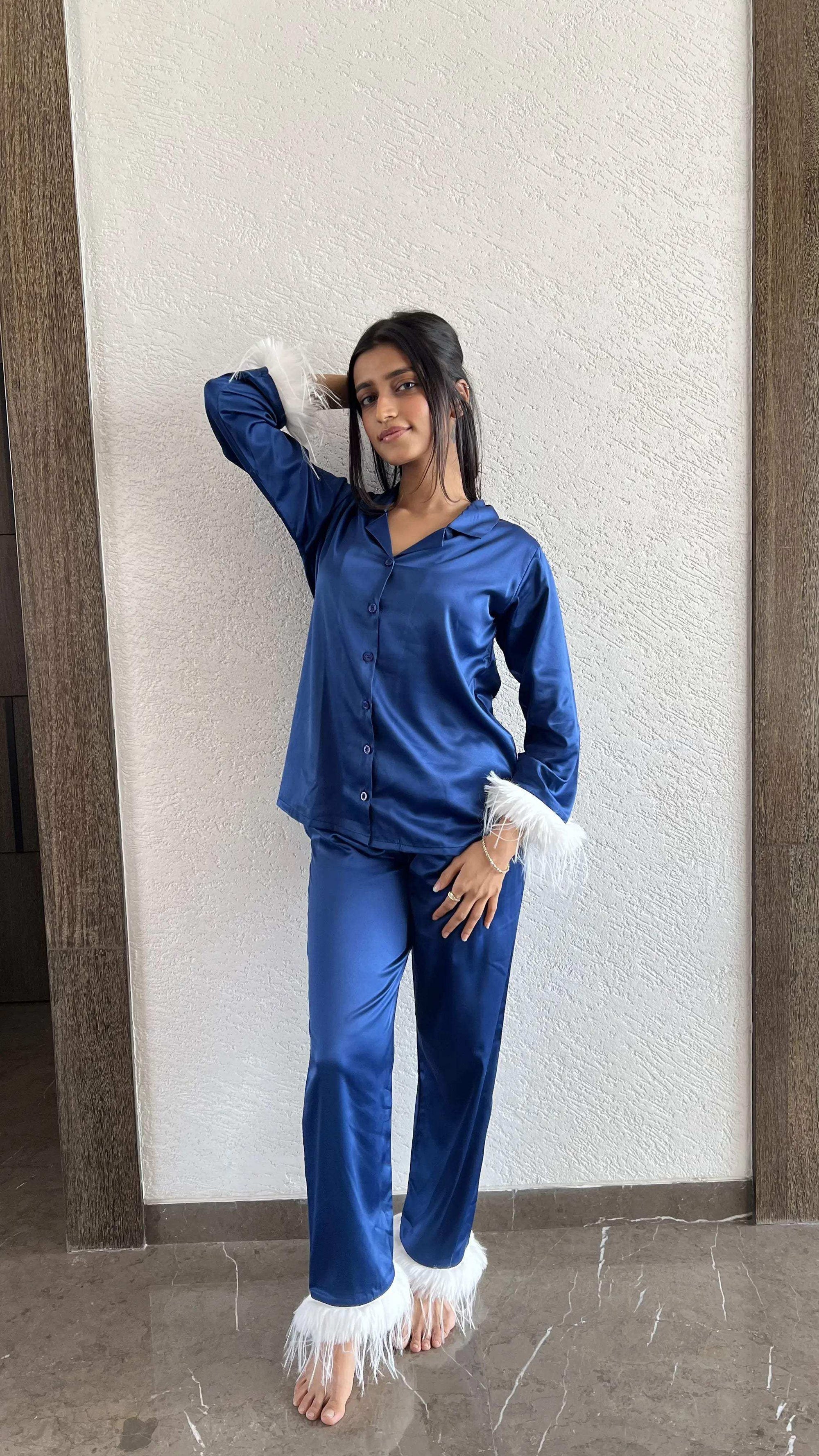 Velure Luxurious Royal Blue Fur Night Suit - Velure - - Collar Neck, Front Button Open, Full Length Pant, Full Sleeves, Fur, Satin