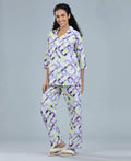 Geometric Satin Night Suit - Velure - Shirt and Pant - Abstract Print, Collar Neck, Front Button Open, Full Length Pant, Full Sleeves, Satin