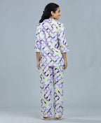 Geometric Satin Night Suit - Velure - Shirt and Pant - Abstract Print, Collar Neck, Front Button Open, Full Length Pant, Full Sleeves, Satin