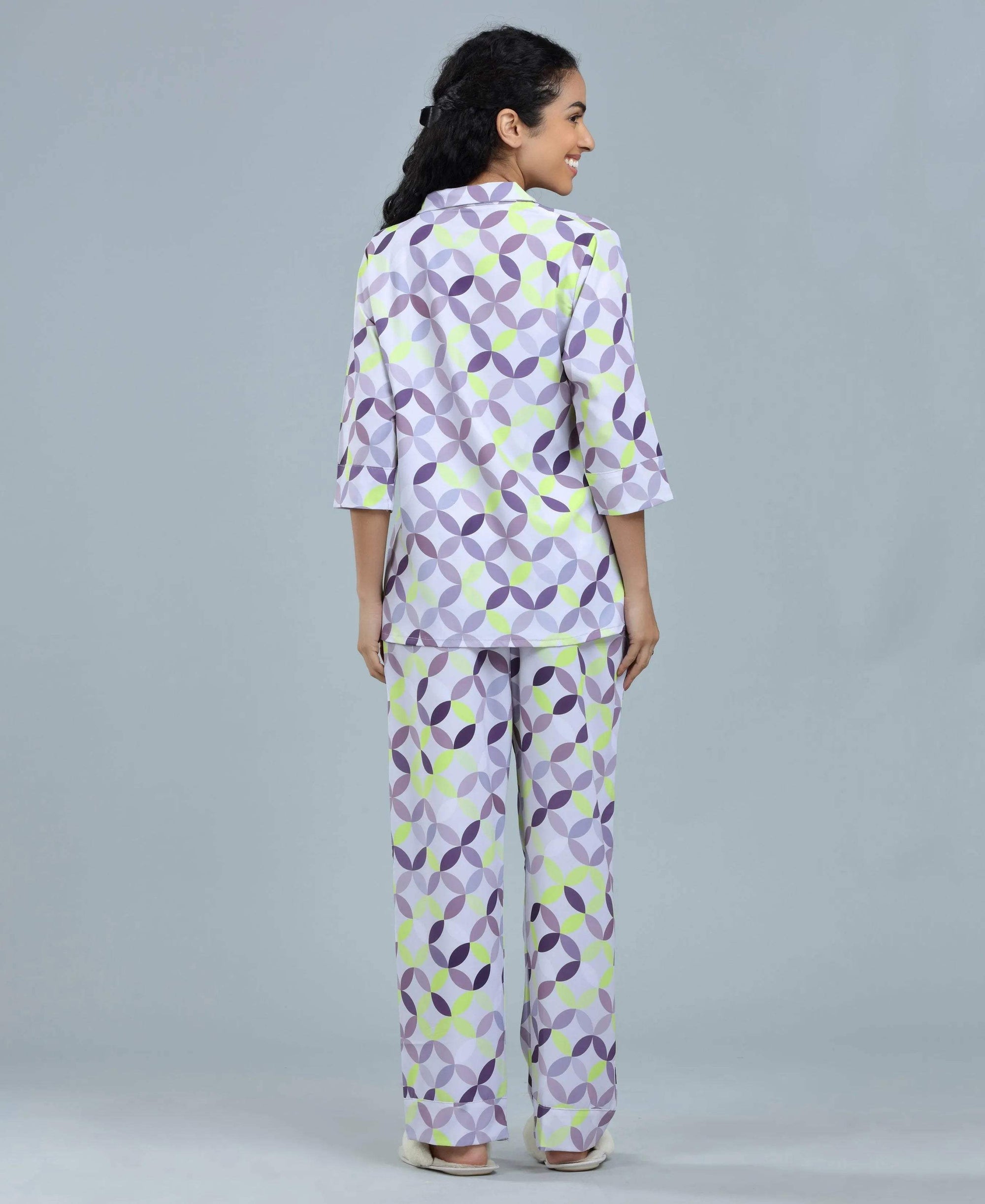 Geometric Satin Night Suit - Velure - Shirt and Pant - Abstract Print, Collar Neck, Front Button Open, Full Length Pant, Full Sleeves, Satin