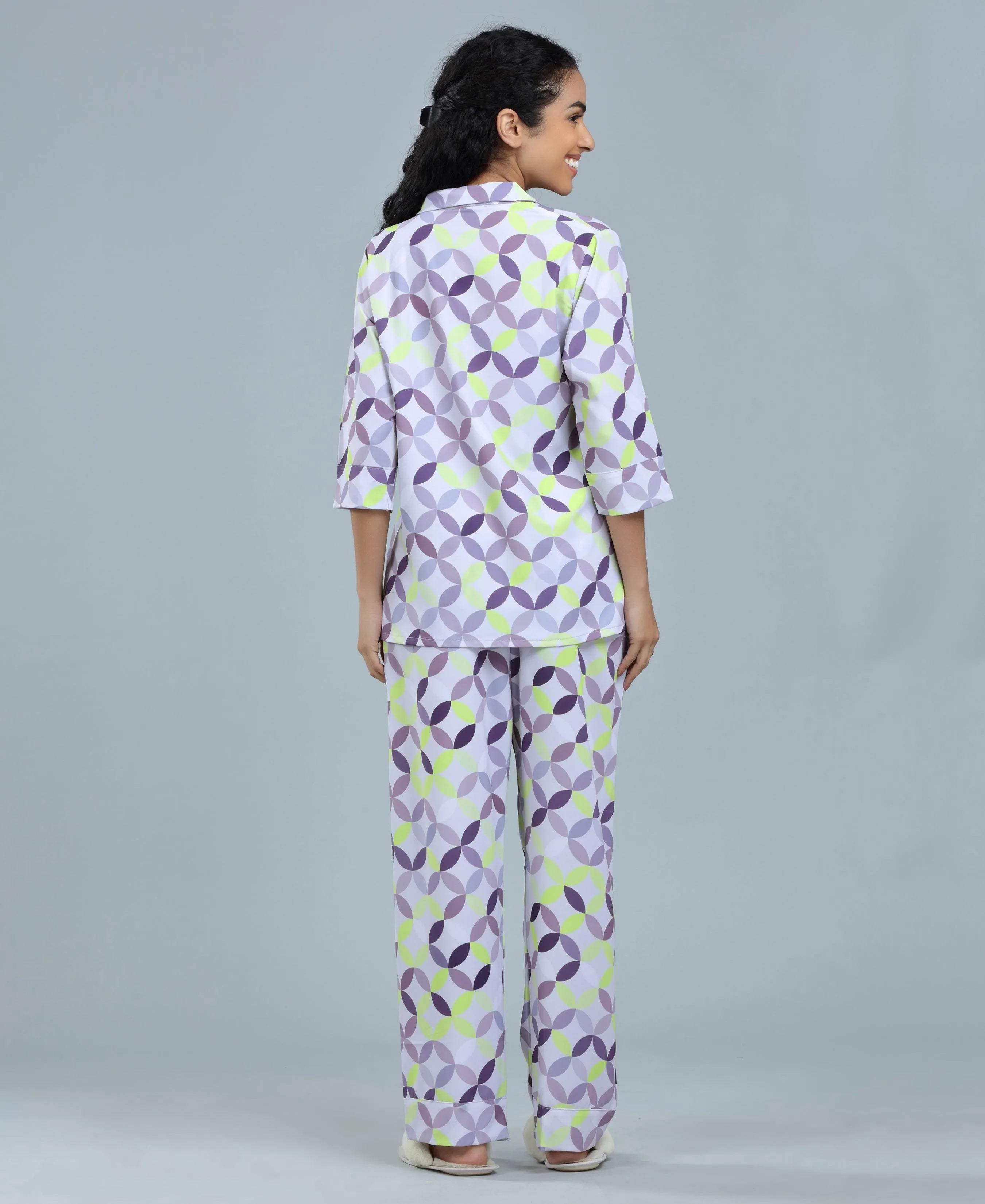 Geometric Satin Night Suit - Velure - Shirt and Pant - Abstract Print, Collar Neck, Front Button Open, Full Length Pant, Full Sleeves, Satin