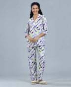 Geometric Satin Night Suit - Velure - Shirt and Pant - Abstract Print, Collar Neck, Front Button Open, Full Length Pant, Full Sleeves, Satin